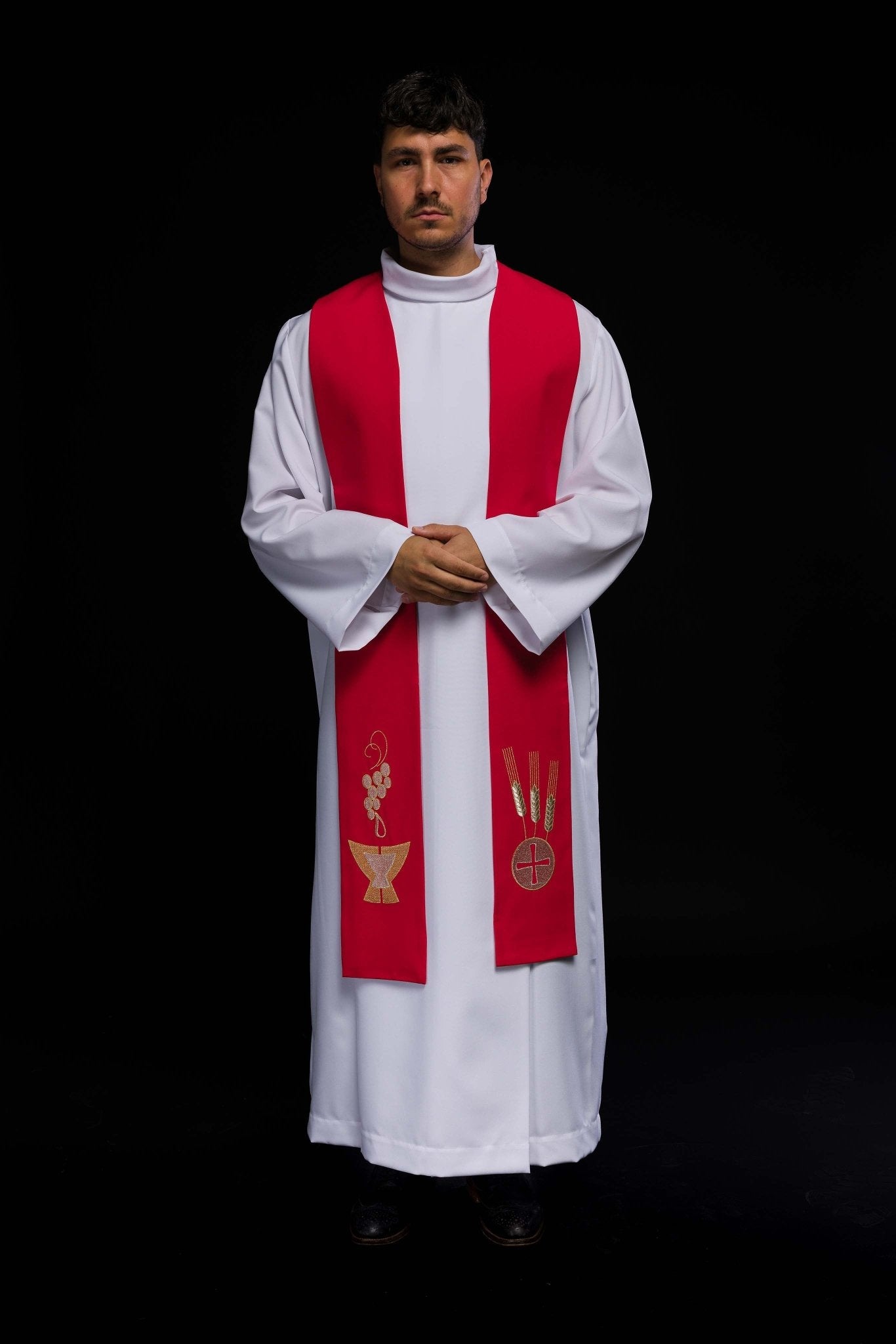 Étole de prêtre brodée en rouge Calice, oreilles et raisins KST/009/02/01 CZERWONY - CHASUBLES.FR