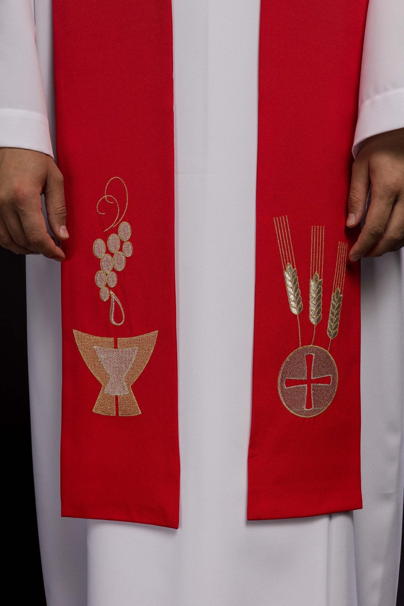 Étole de prêtre brodée en rouge Calice, oreilles et raisins KST/009/02/01 CZERWONY - CHASUBLES.FR