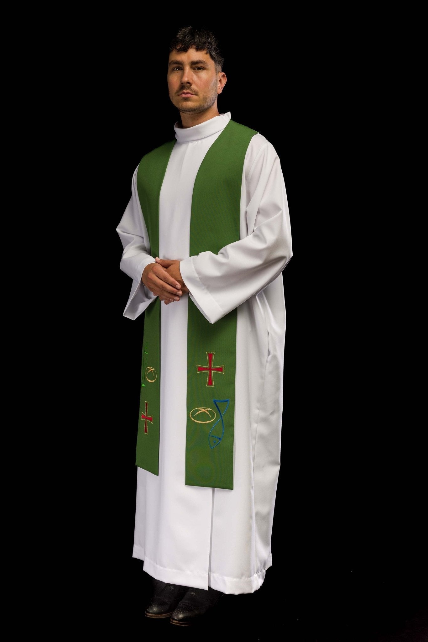 Étole de prêtre brodée en vert avec motif poisson pain croix KST/007/01/12 ZIELONY - CHASUBLES.FR
