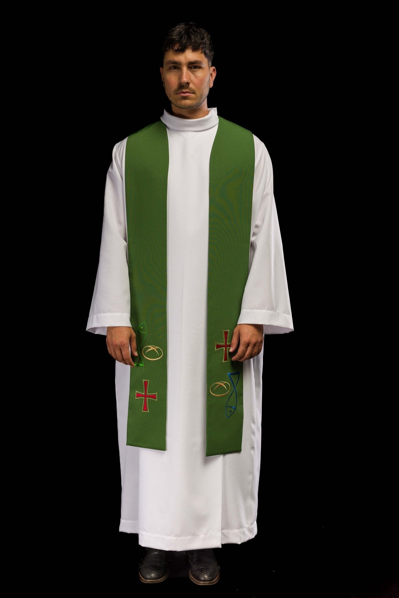 Étole de prêtre brodée en vert avec motif poisson pain croix KST/007/01/12 ZIELONY - CHASUBLES.FR