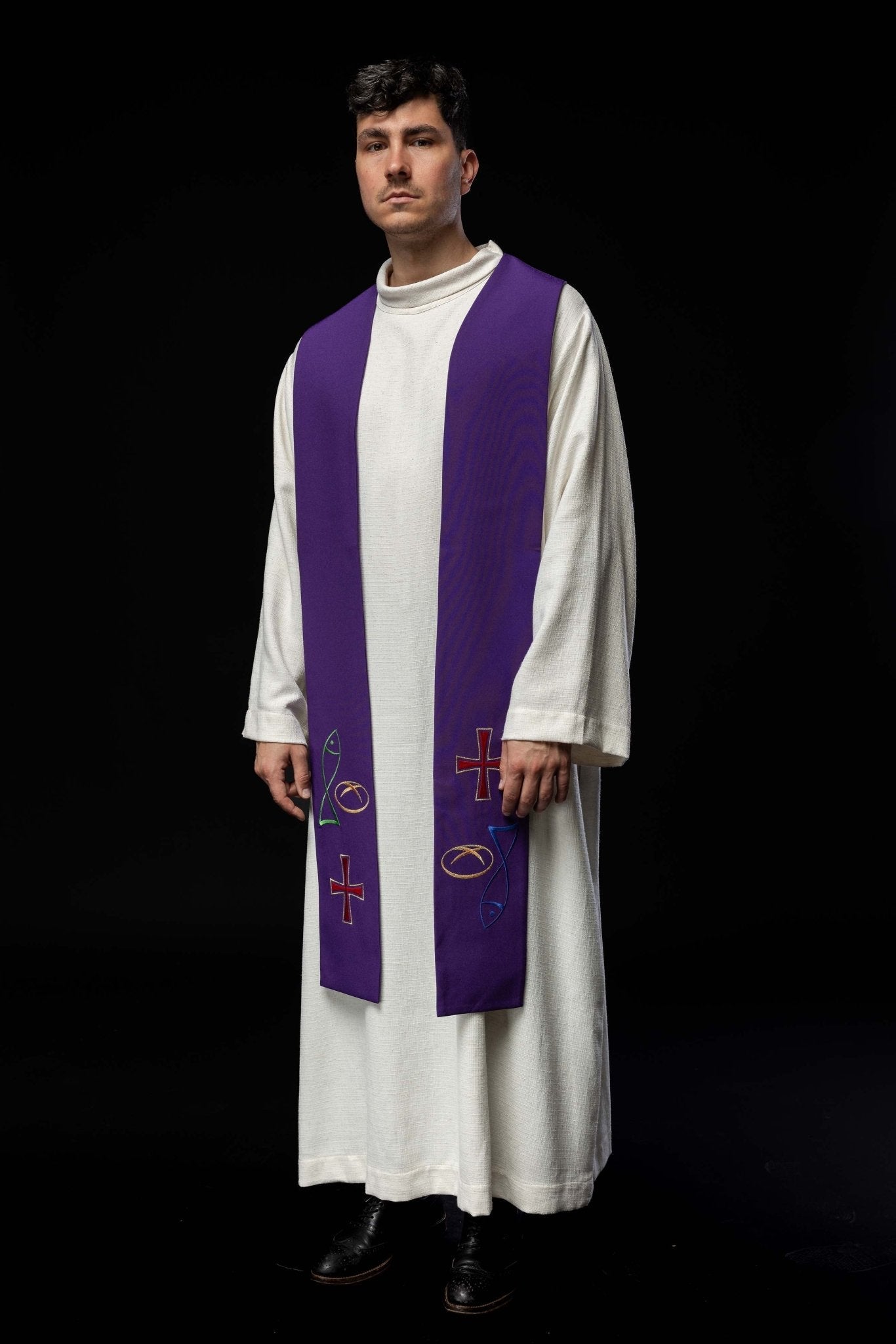 Étole de prêtre brodée en violet Croix de pain de poisson KST/007/03/12 FIOLET - CHASUBLES.FR