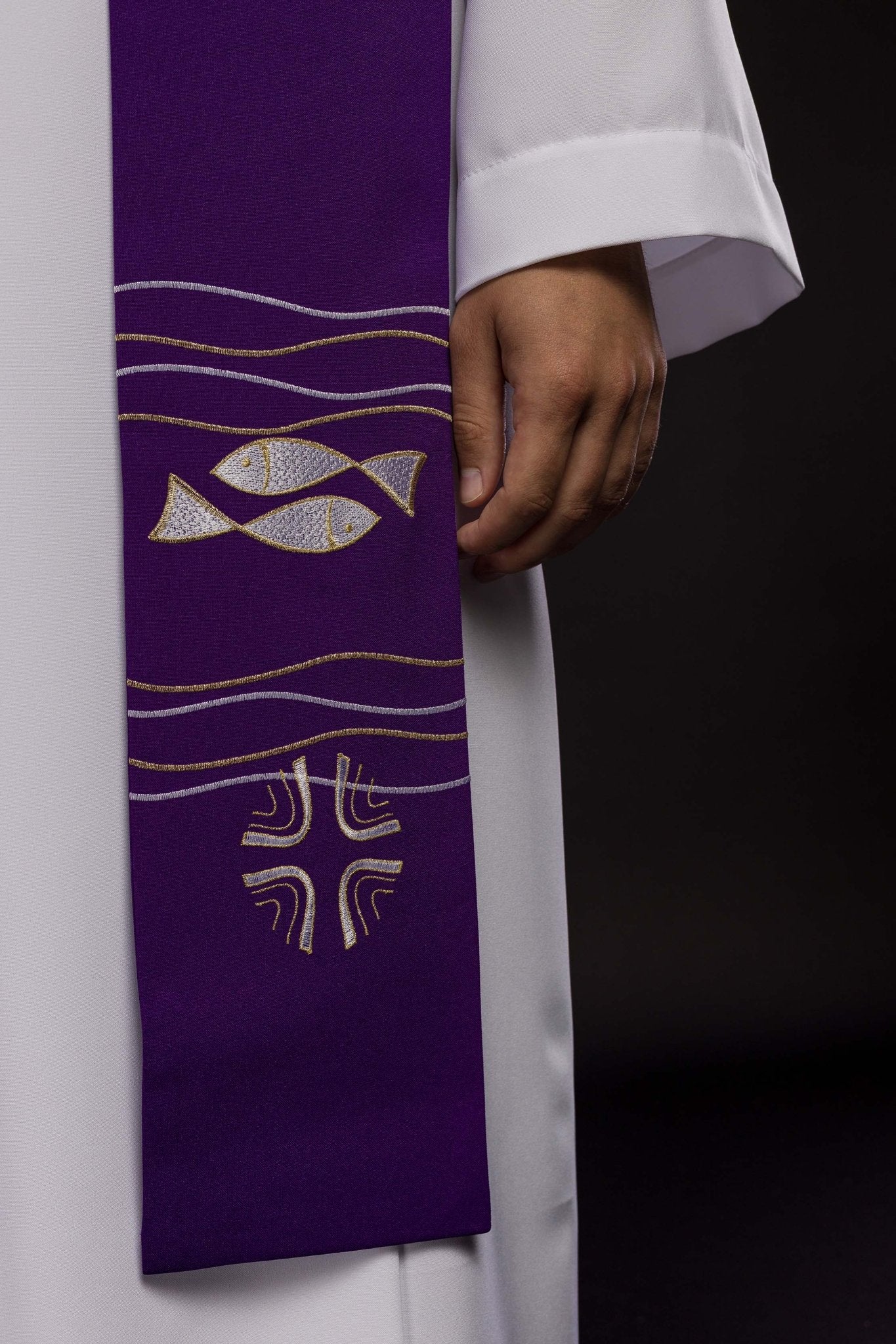 Étole de prêtre brodée Fish Purple KST/022/03/01 FIOLET - CHASUBLES.FR
