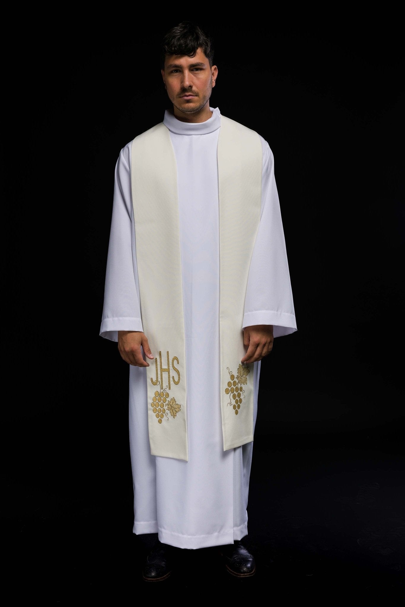 Étole de prêtre brodée IHS avec raisins écrus KST/068/05/01 ECRU - CHASUBLES.FR