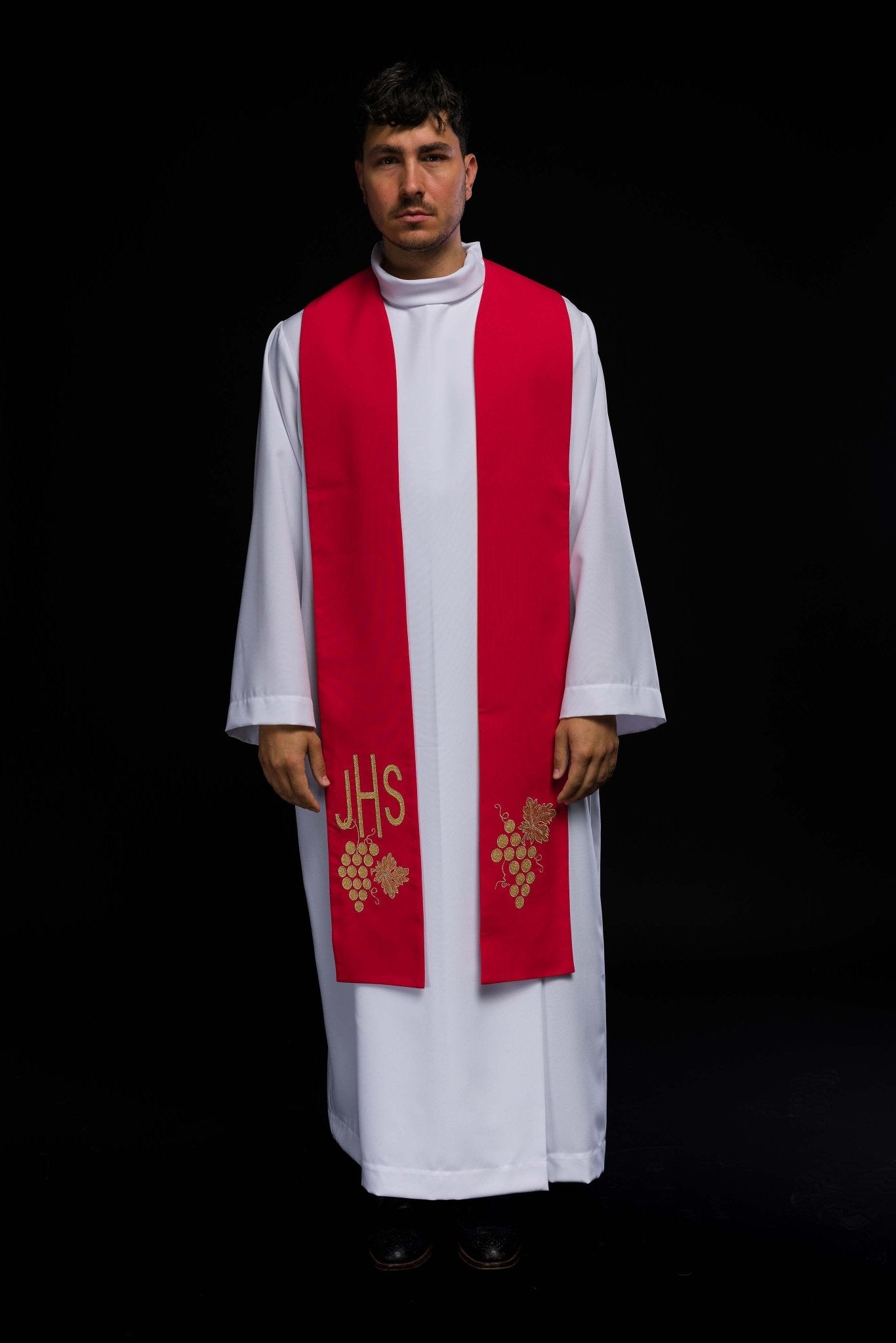Étole de prêtre brodée IHS rouge avec raisins KST/068/02/01 CZERWONY - CHASUBLES.FR