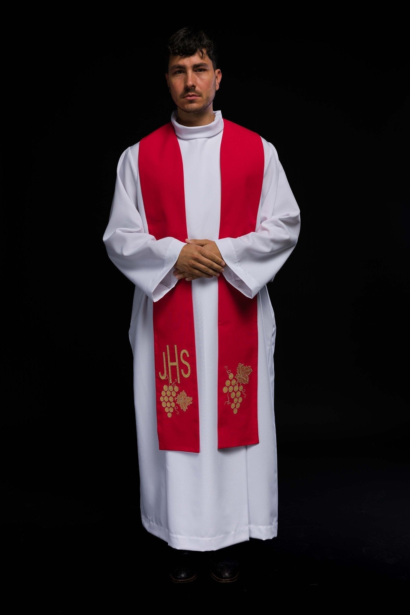 Étole de prêtre brodée IHS rouge avec raisins KST/068/02/01 CZERWONY - CHASUBLES.FR