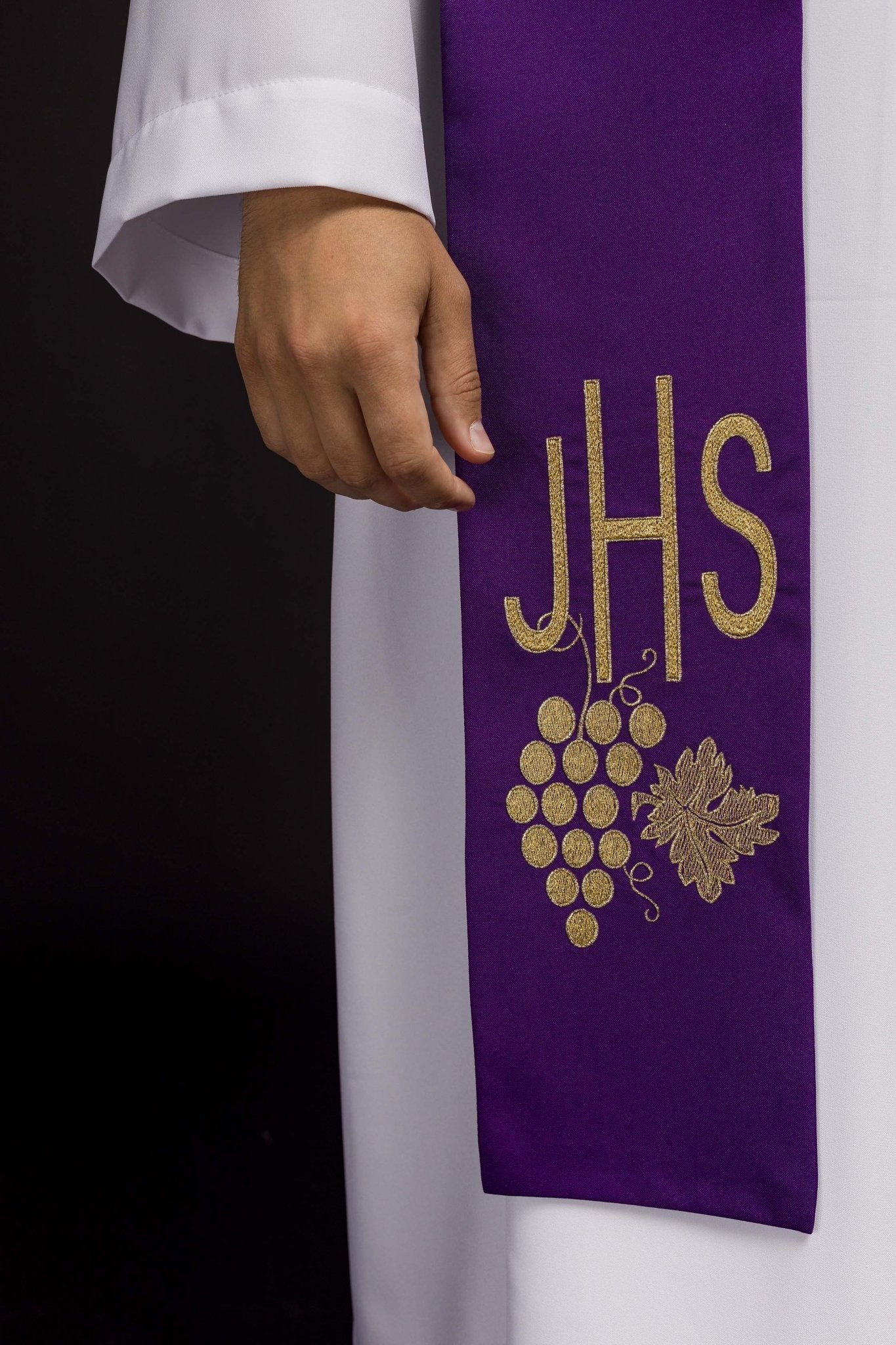 Étole de prêtre brodée IHS violet avec raisins KST/068/03/01 FIOLET - CHASUBLES.FR