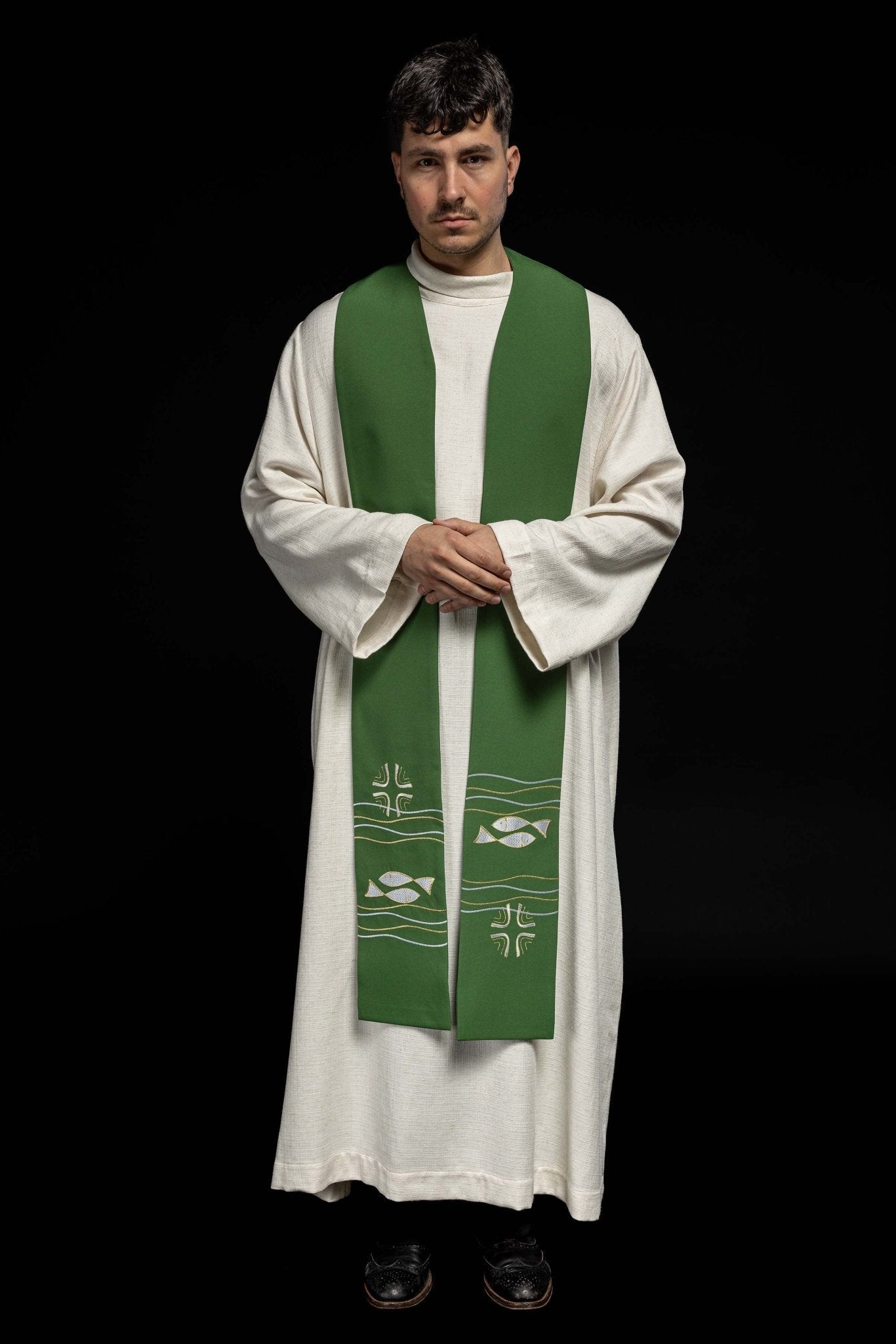 Étole de prêtre brodée Vert poisson KST/022/01/01 ZIELONY - CHASUBLES.FR