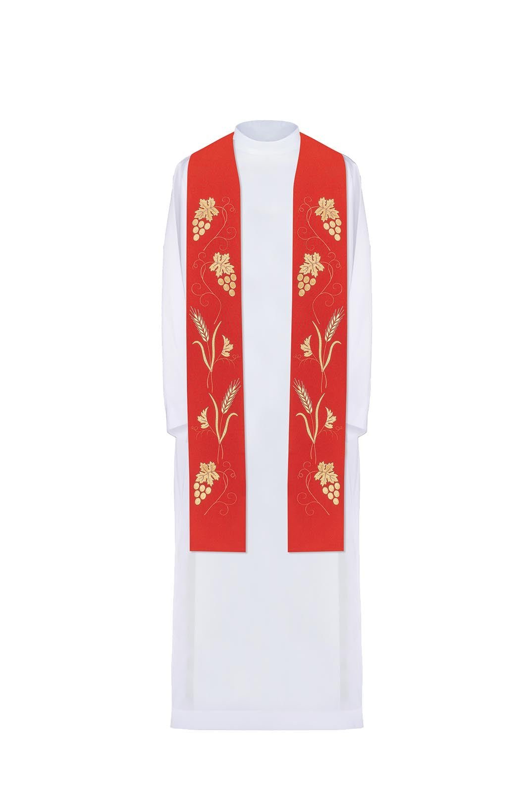 Étole de prêtre rouge avec une riche broderie de raisins et d'épis KST/001/02/01 CZERWONY - CHASUBLES.FR
