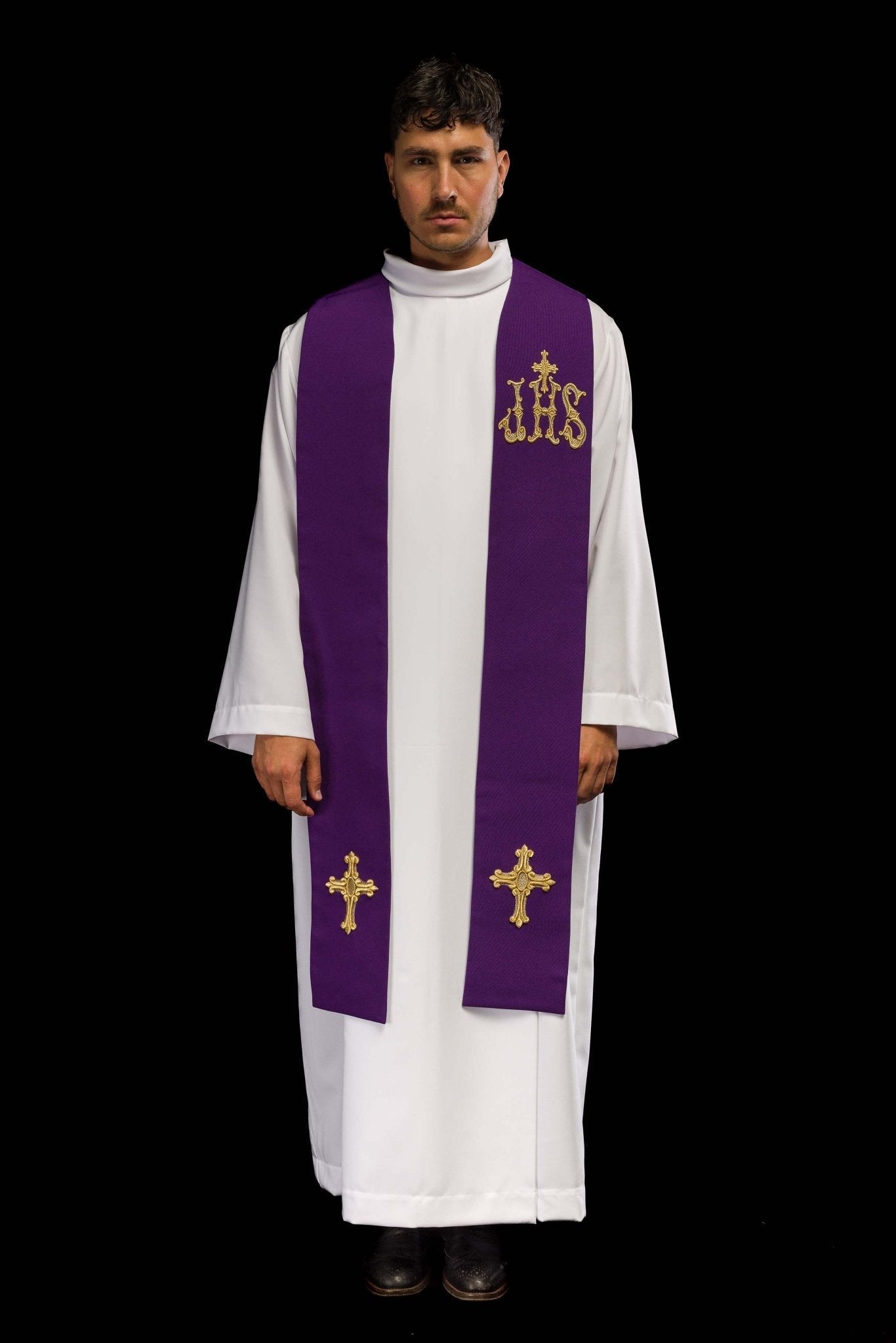 Étole de prêtre violette brodée de la croix et de l'IHS KST/157/03/01 FIOLET - CHASUBLES.FR