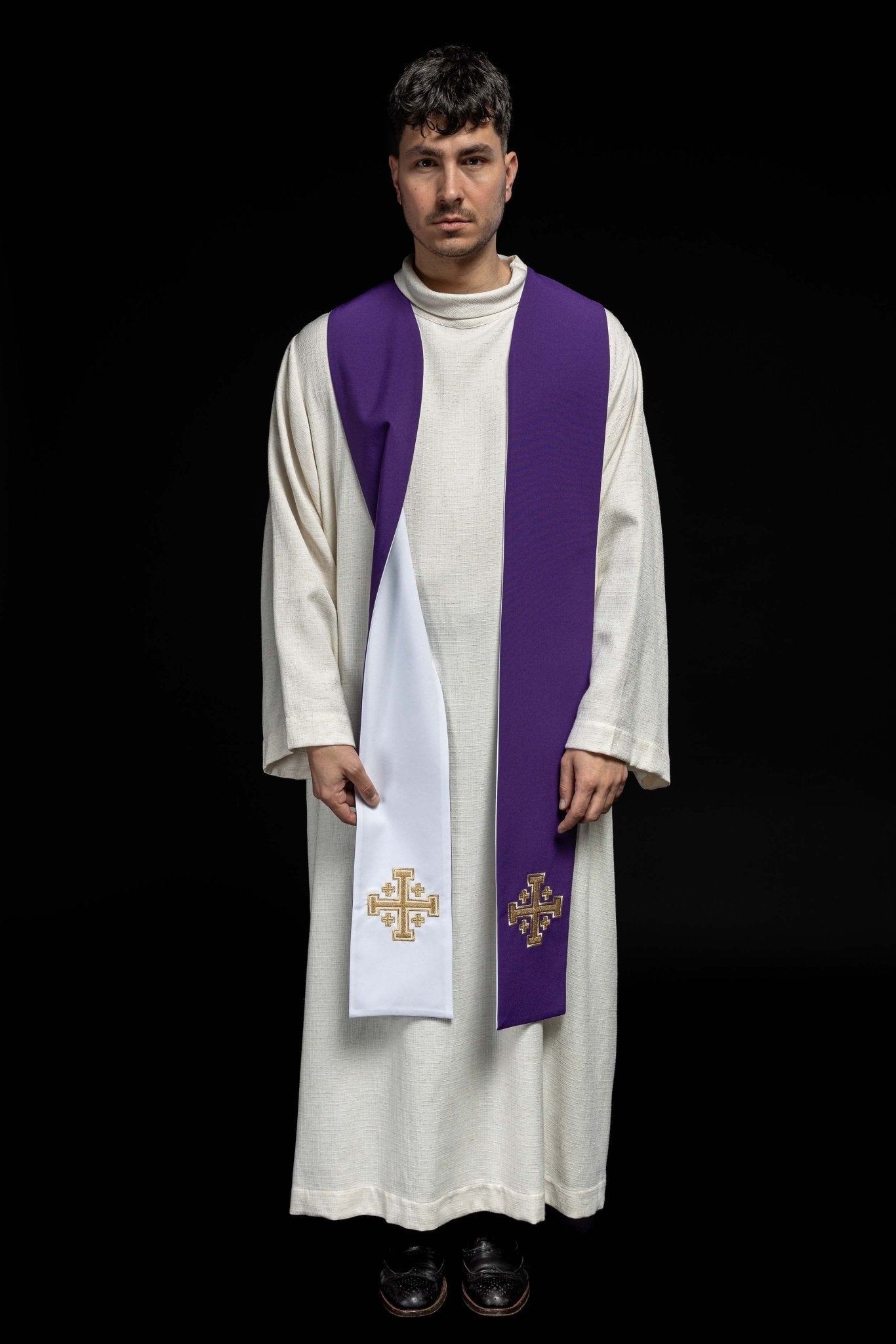 Étole double face Croix de Jérusalem violette et blanche KST/046/03 - 04/01 FILETOWO - BIAŁA - CHASUBLES.FR