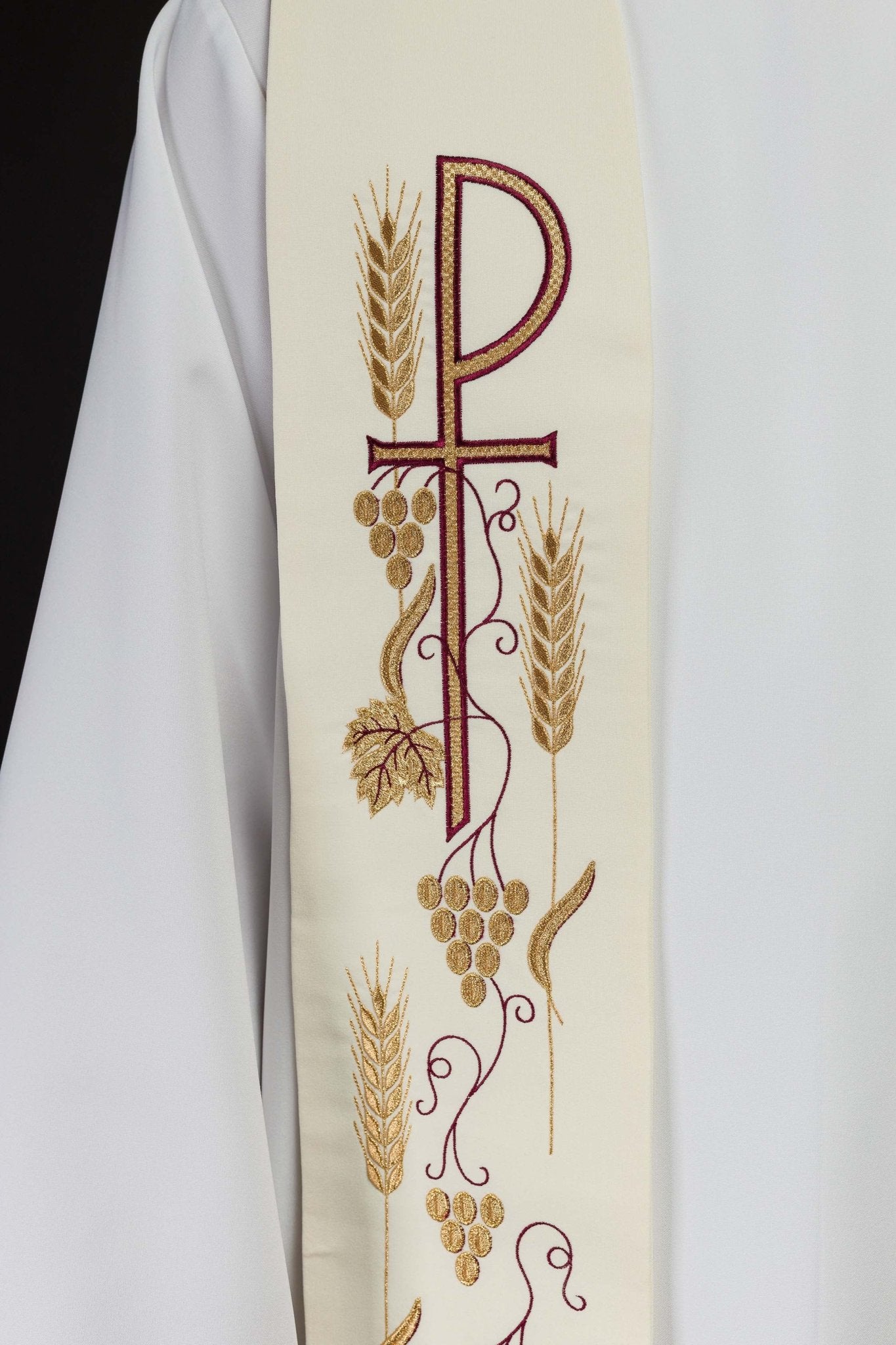 Étole sacerdotale brodée d'une croix et de raisins écru KST/027/05/01 ECRU - CHASUBLES.FR