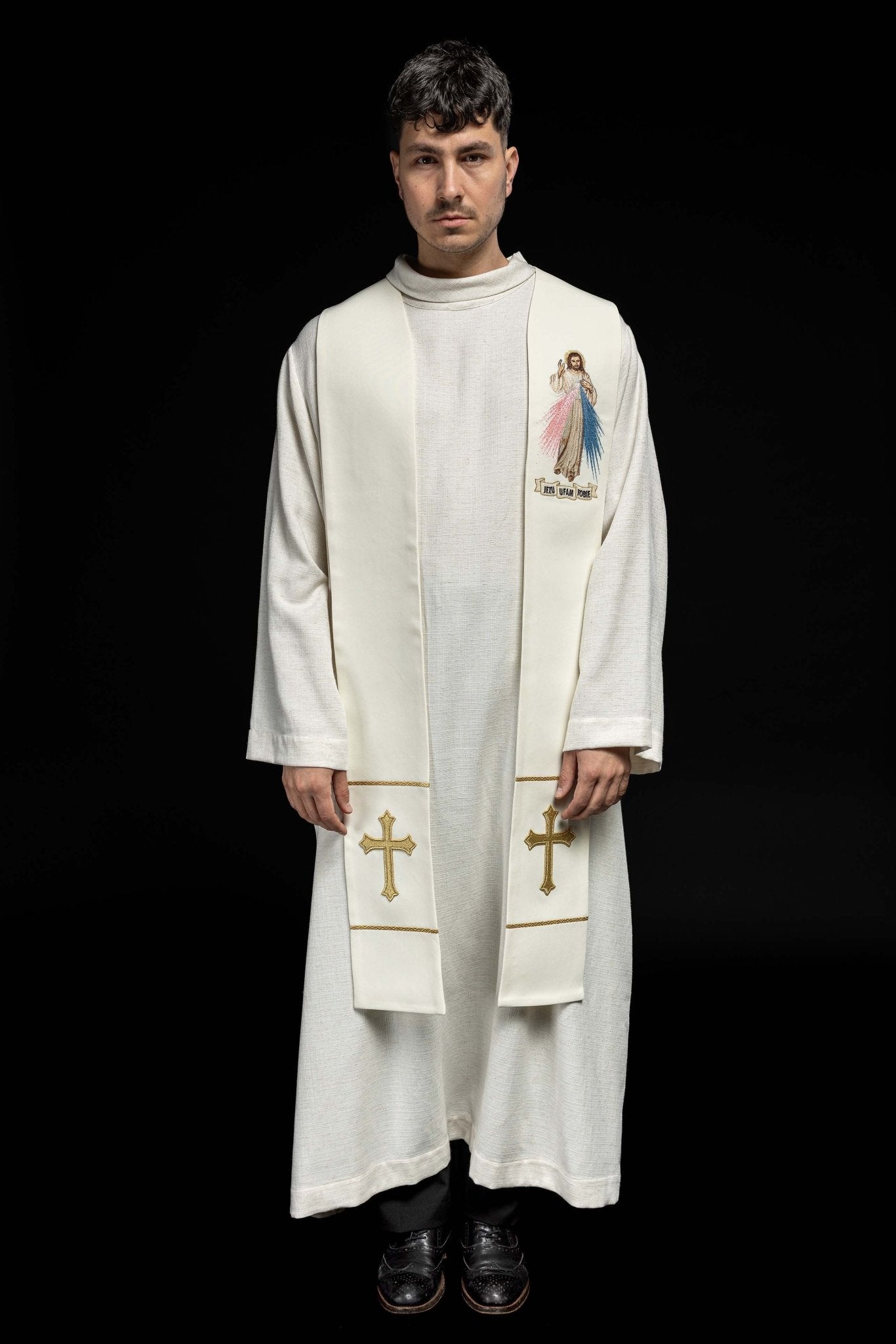 Étole sacerdotale Jésus miséricordieux, Jésus j'ai confiance en toi écru KST/071/05/01 ECRU - CHASUBLES.FR