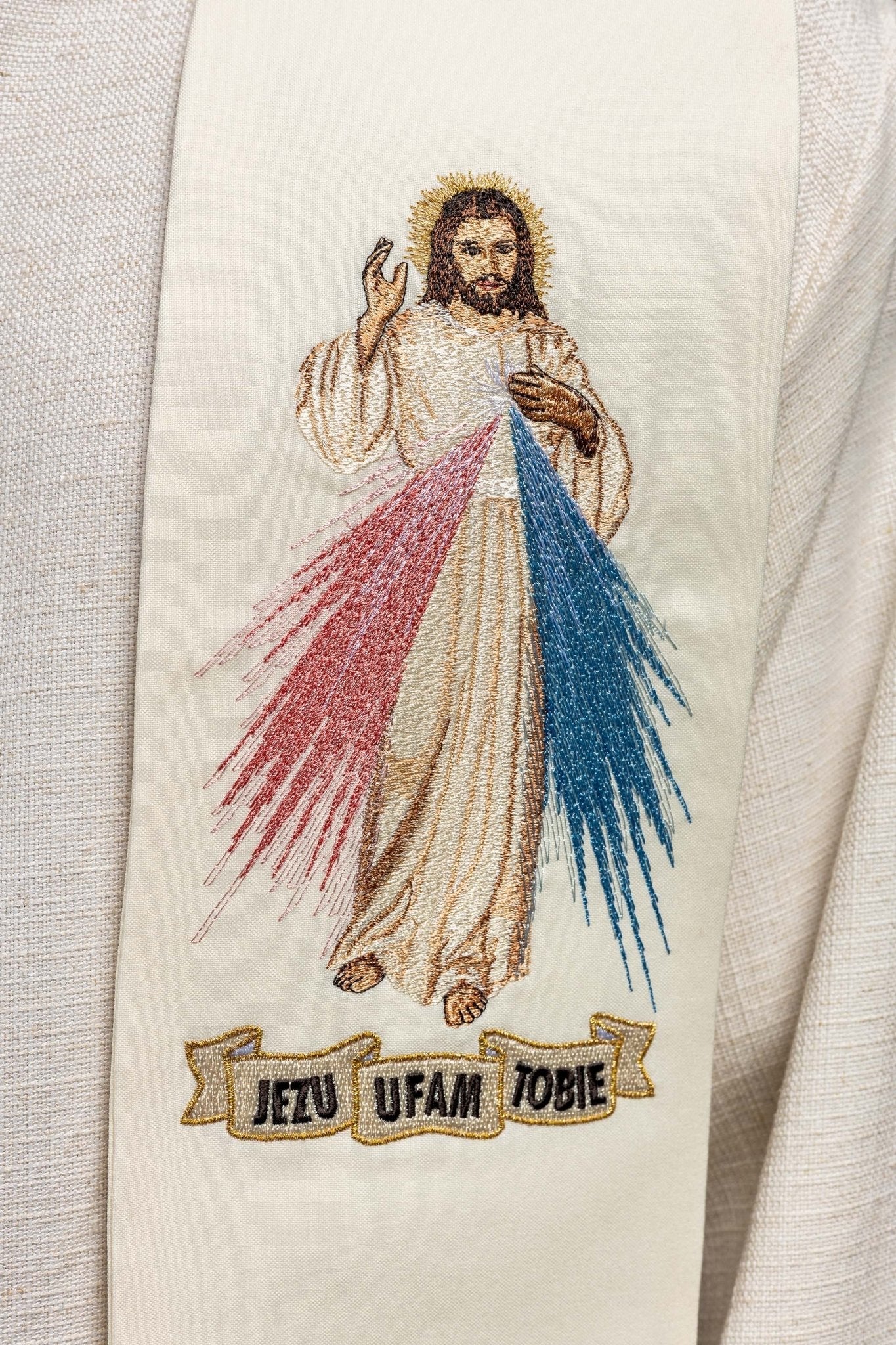 Étole sacerdotale Jésus miséricordieux, Jésus j'ai confiance en toi écru KST/071/05/01 ECRU - CHASUBLES.FR