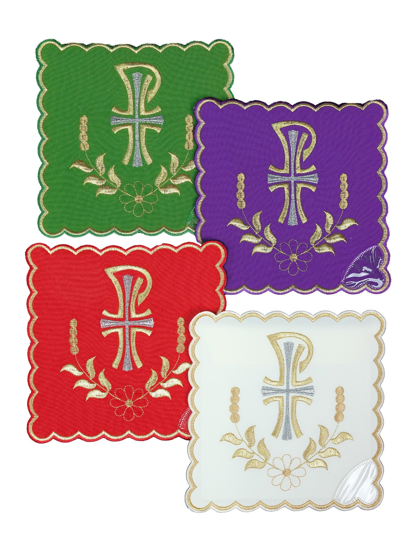 Ensemble de pales de calice avec symbole PAX en quatre couleurs liturgiques