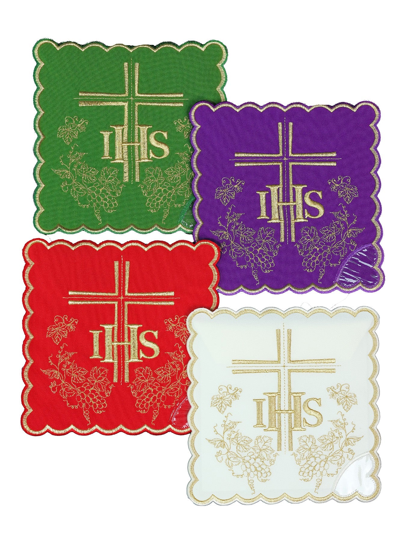 Ensemble de pales de calice avec symbole IHS en quatre couleurs liturgiques