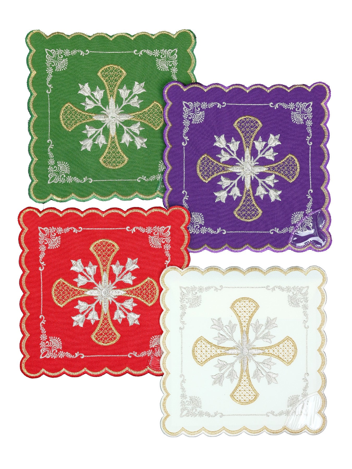Ensemble de pales de calice avec symbole de la croix en quatre couleurs liturgiques