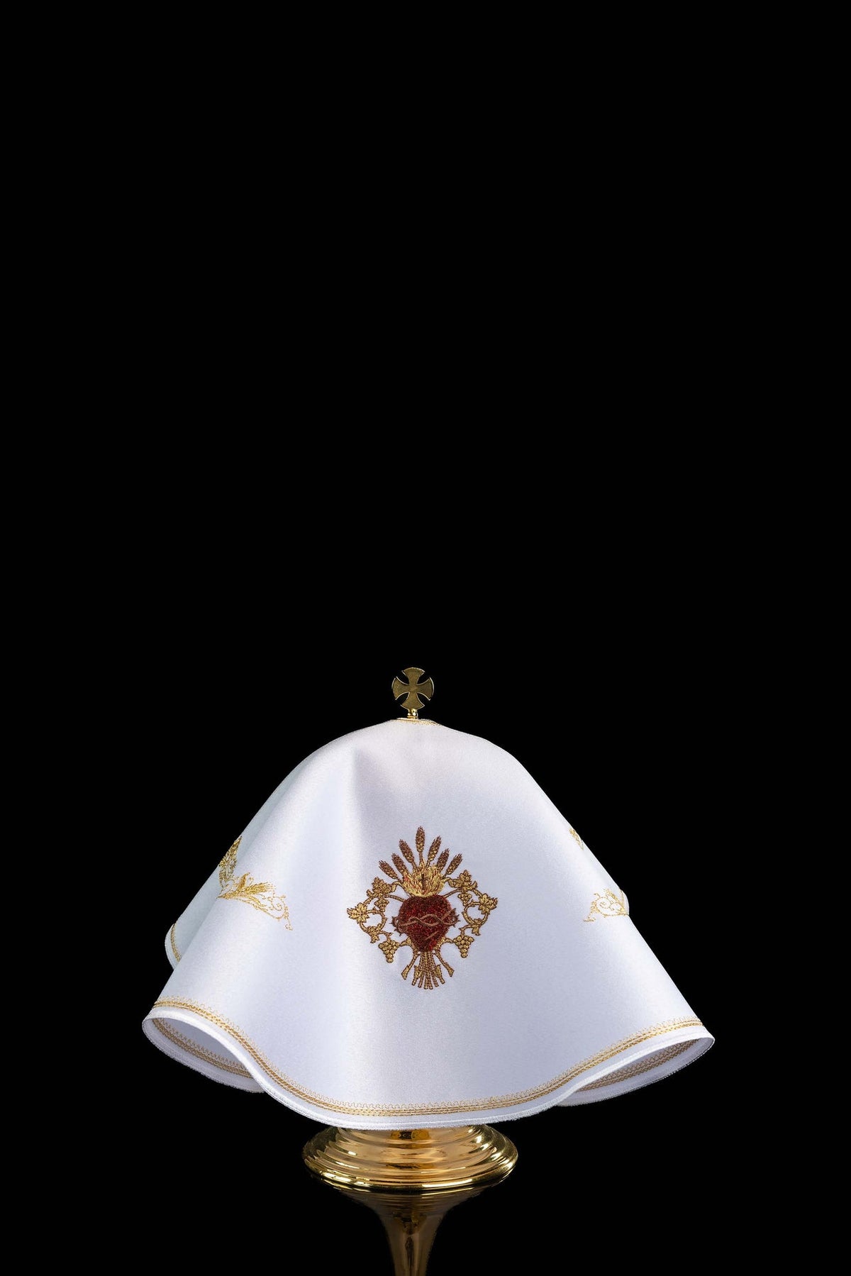 Voile de ciboire rond, vue arrière blanche avec broderie du Sacré-Cœur de Jésus
