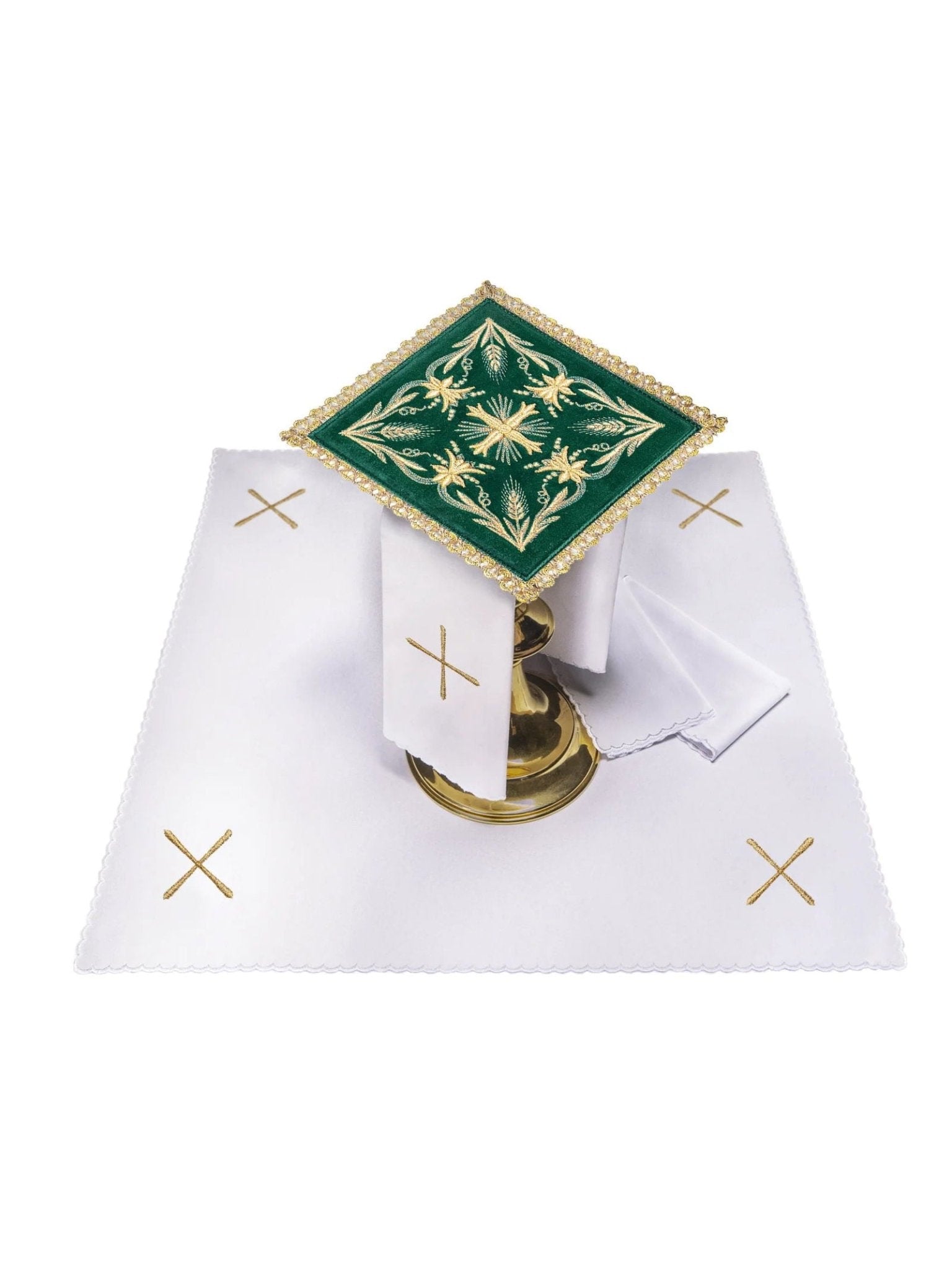Linge d'autel brodé broderie en croix velours vert KK/5001/C3 - CHASUBLES.FR