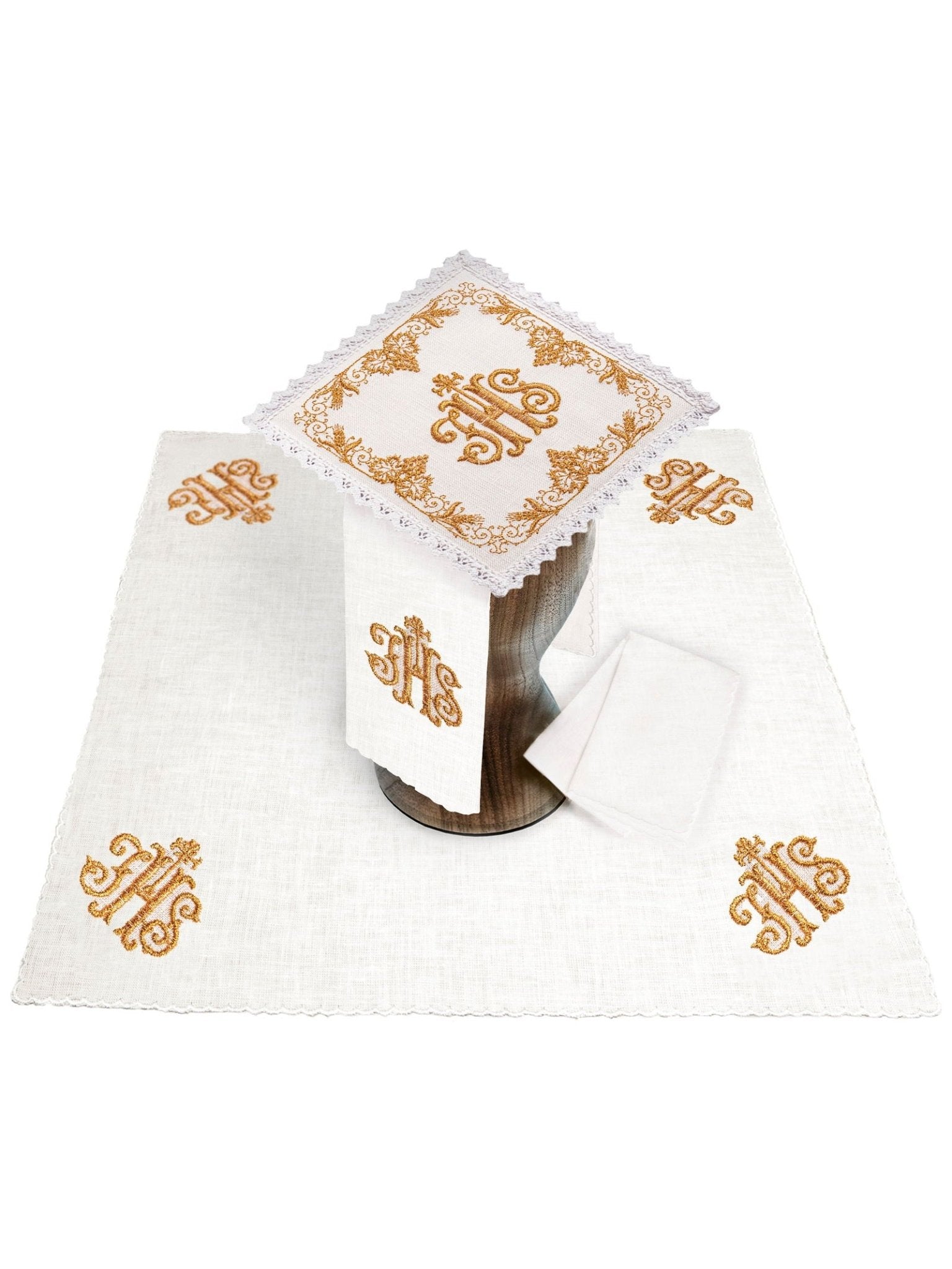 Linge d'autel en lin richement décoré lin IHS KKL/049 - CHASUBLES.FR