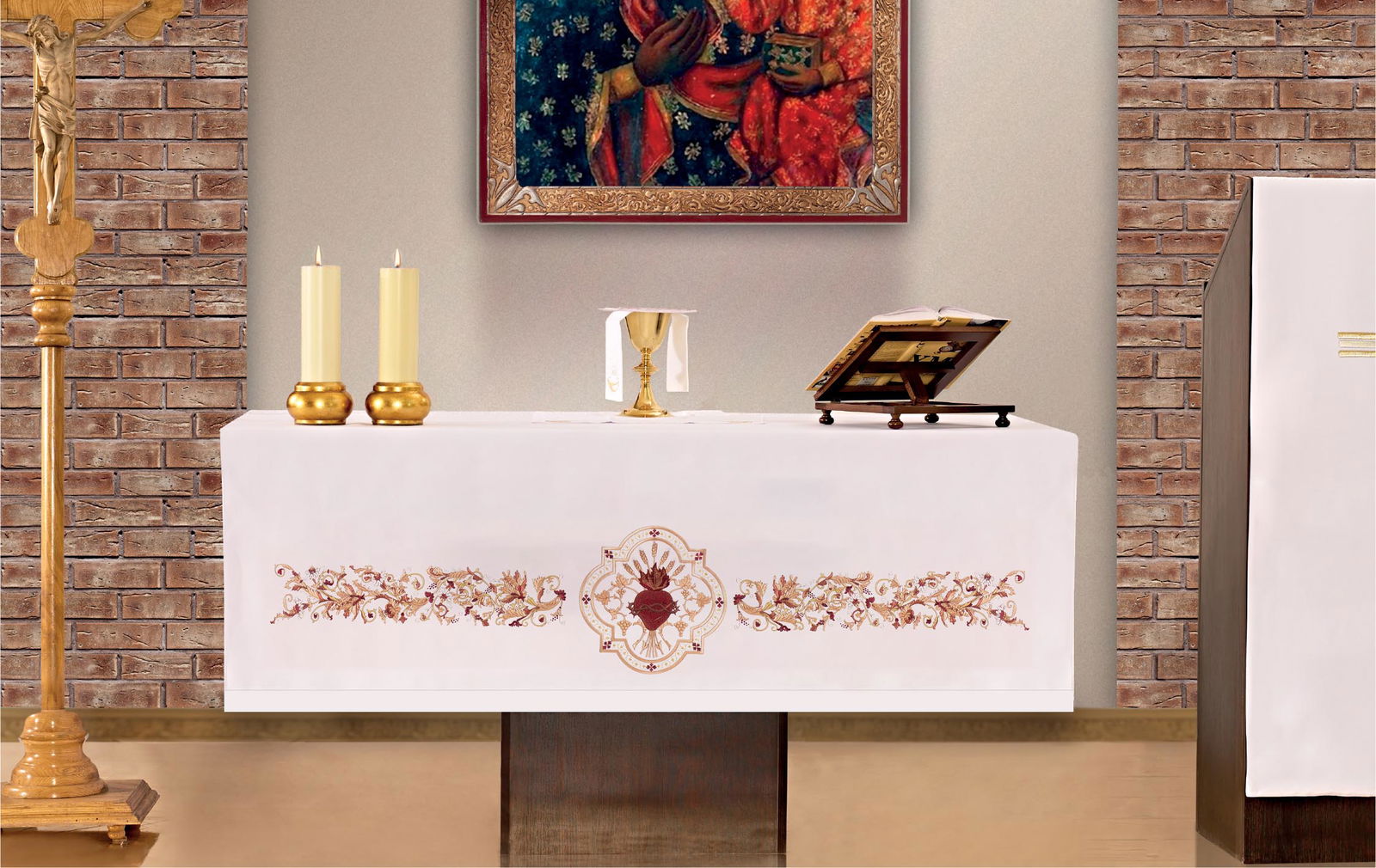 Nappe d'autel avec broderie frontale au motif du Cœur de Jésus KOH/027 150*300 BIAŁY - CHASUBLES.FR