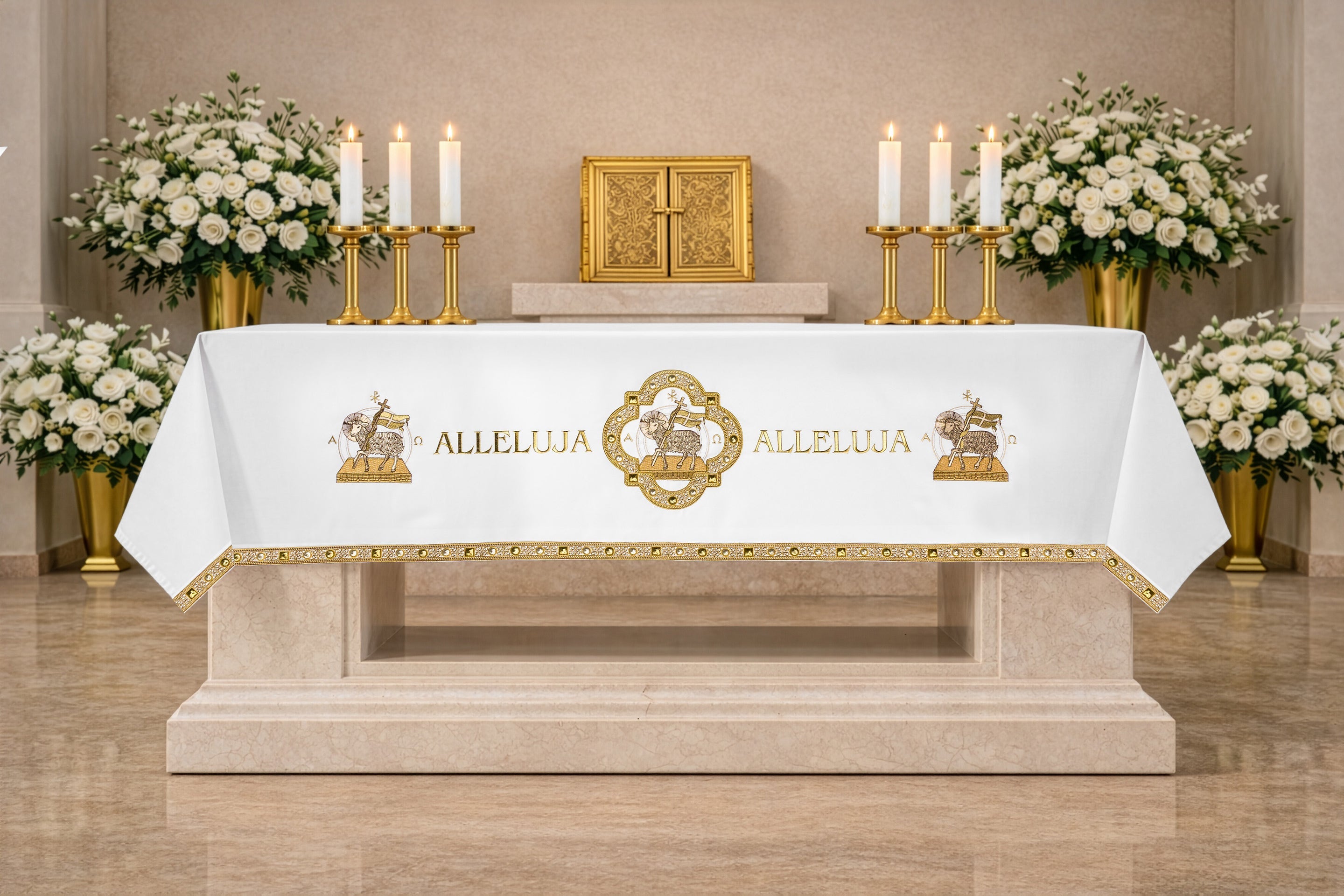 Nappe d’autel pour Pâques avec broderie de l’Agneau