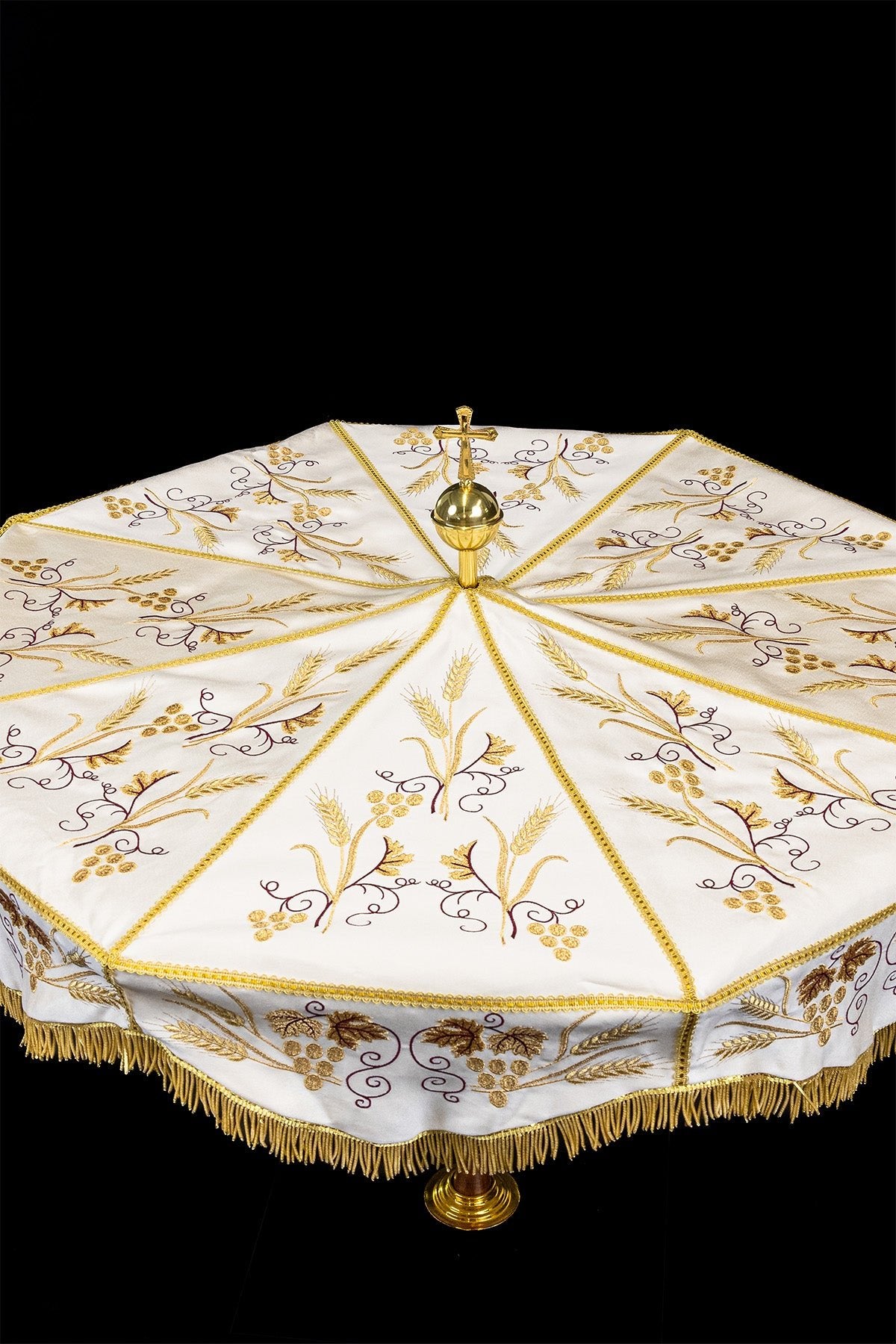 Ombrelle de procession écrue à broderie dorée pour la Fête-Dieu KPP/001/05/20 o 100cm ECRU SAT. - CHASUBLES.FR