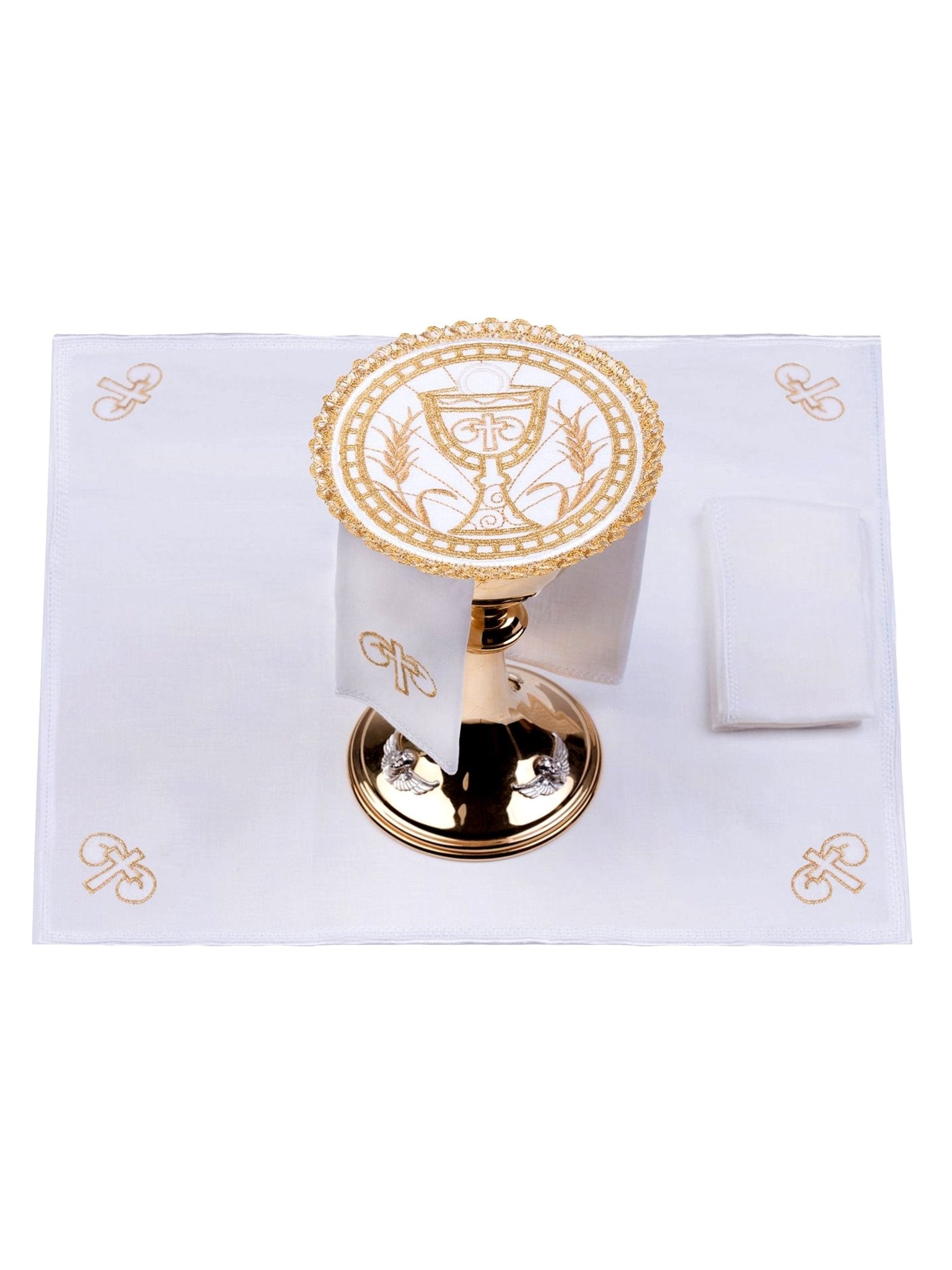 Set de calice en lin avec broderie eucharistique motif de coupe sur pied rond S - 5005 - CHASUBLES.FR