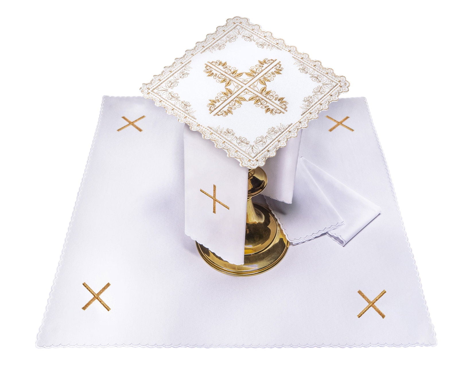 Set de tasses en lin avec motif de croix encadré de broderies florales S - 5551 - CHASUBLES.FR