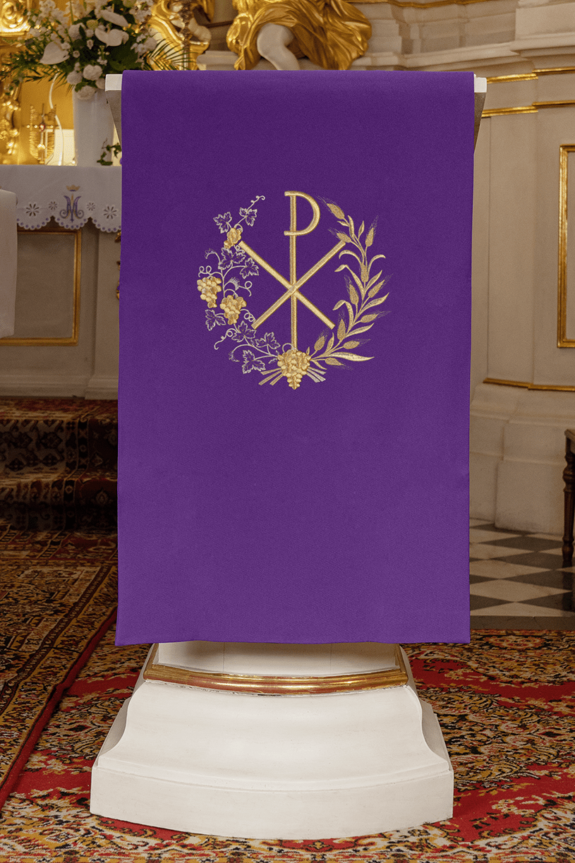 Violet voile de lutrin brodée avec motif PAX KMO/012/03/01 FIOLET 55*250 - CHASUBLES.FR