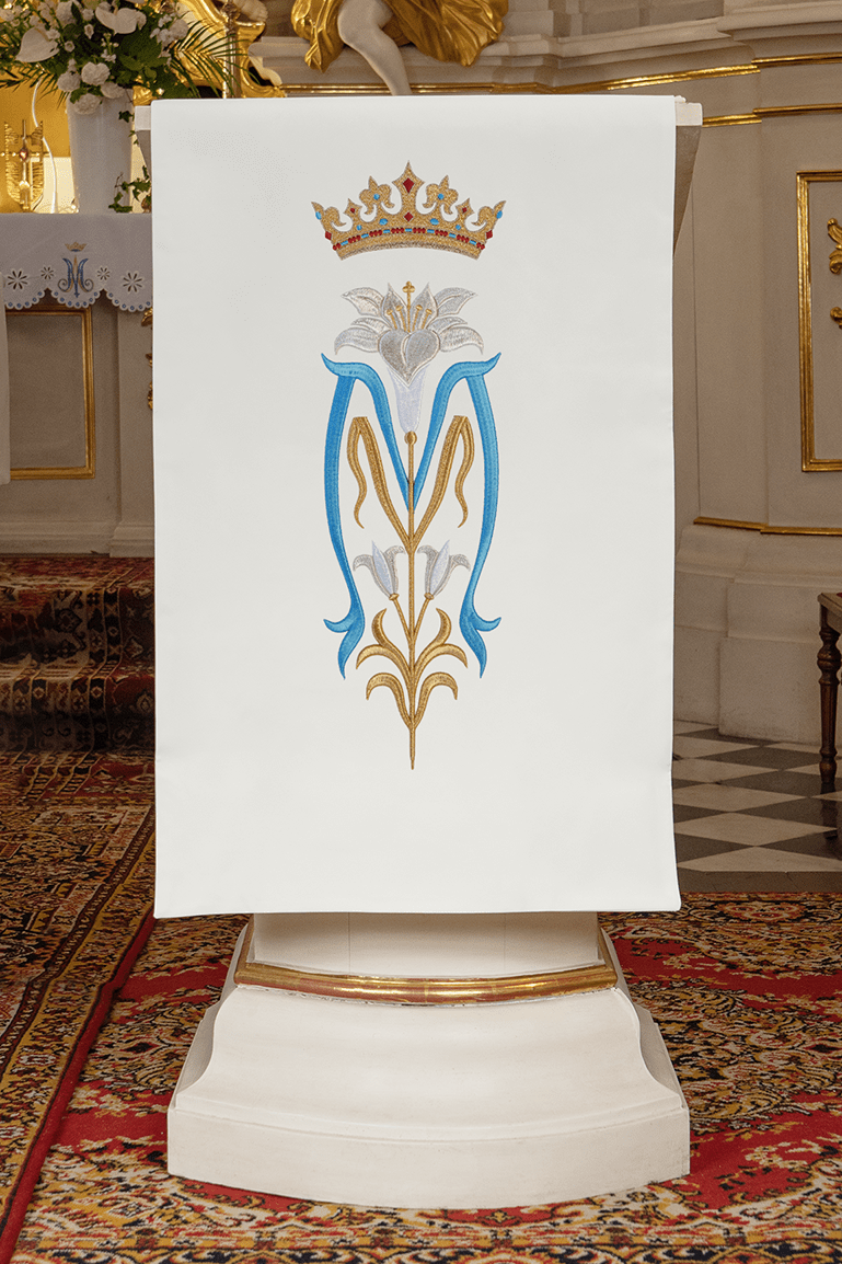 Voile de lutrin brodée avec motif marial ecru KMO/022/05/01 ECRU 55*250 - CHASUBLES.FR