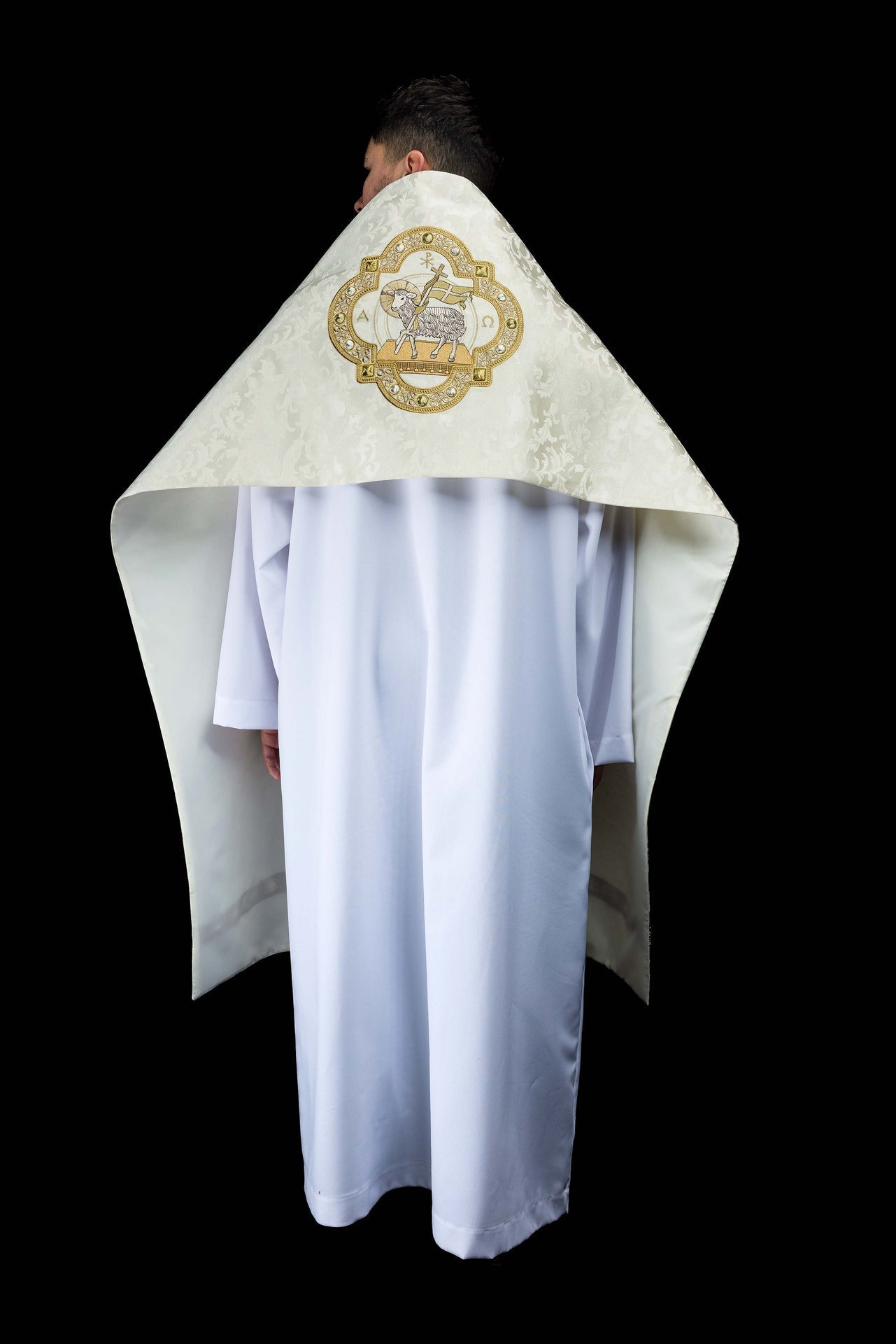 Voile huméral avec broderie de l’Agneau pascal sur tissu jacquard S-4072-05-88 50*270 - CHASUBLES.FR