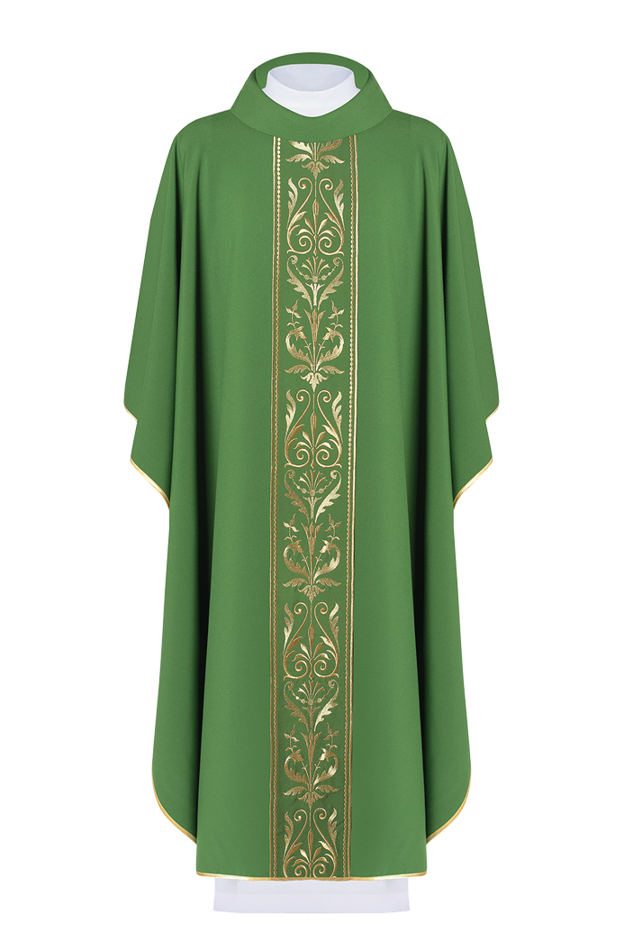Zielony ornat liturgiczny zdobiony złotym pasem haftowanym - ORNATY.PL