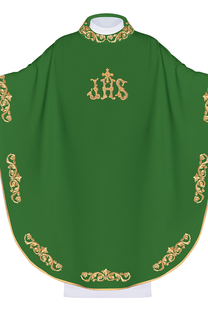 Chasuble verte avec broderie IHS dorée et garniture décorative