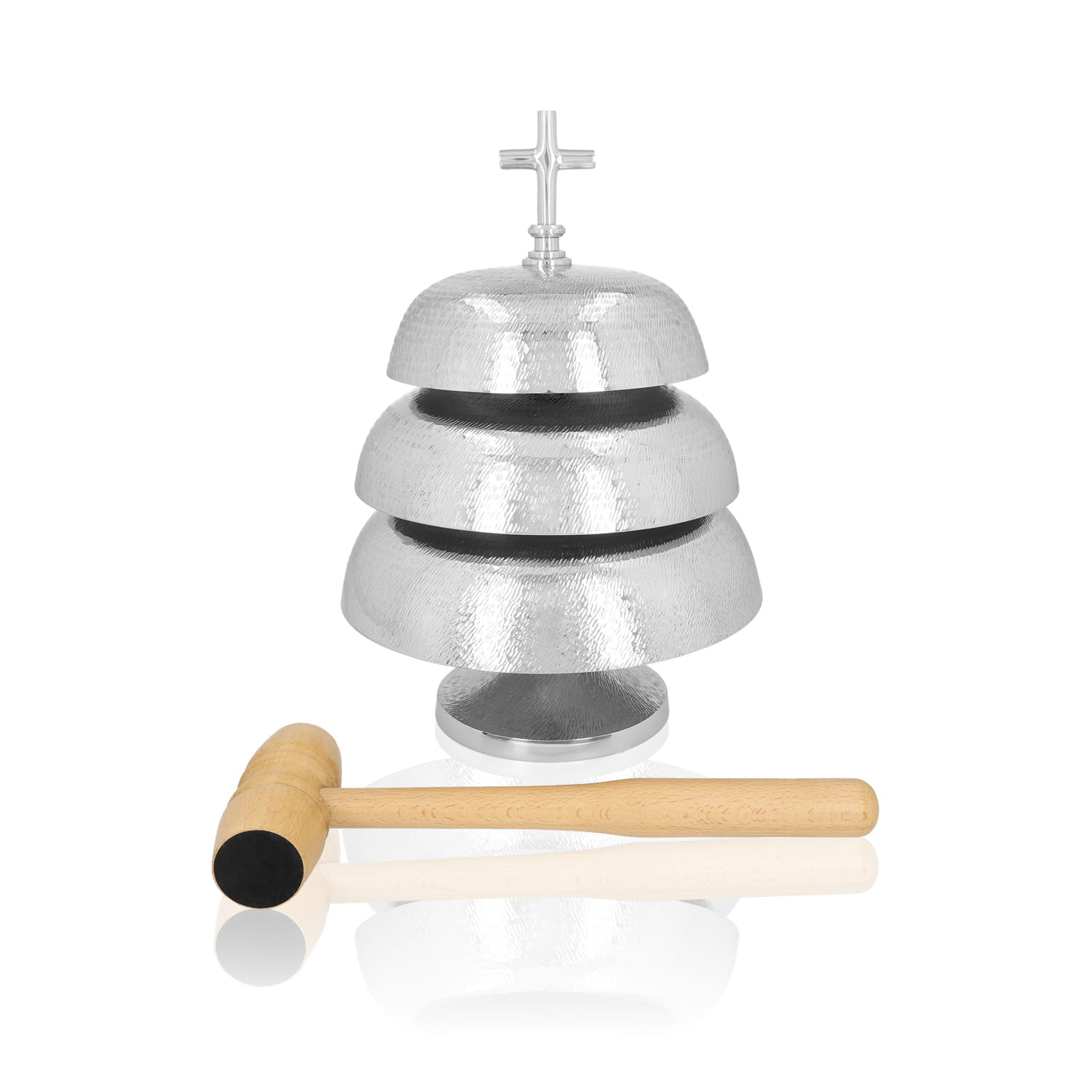 Gong triple – laiton et nickel – maillet en bois – 35 cm