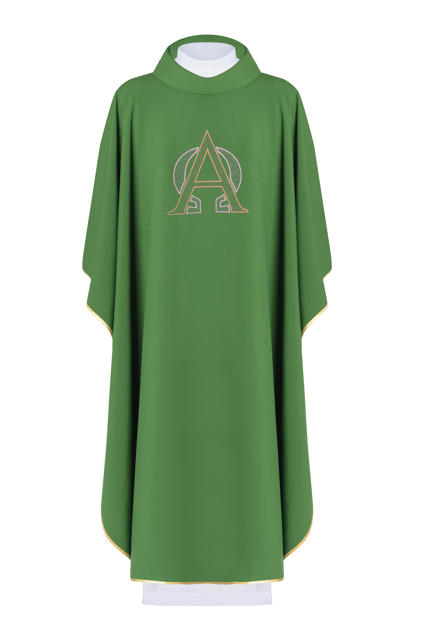 Chasuble verte brodée du symbole de l'Alpha et de l'Oméga Α et Ω