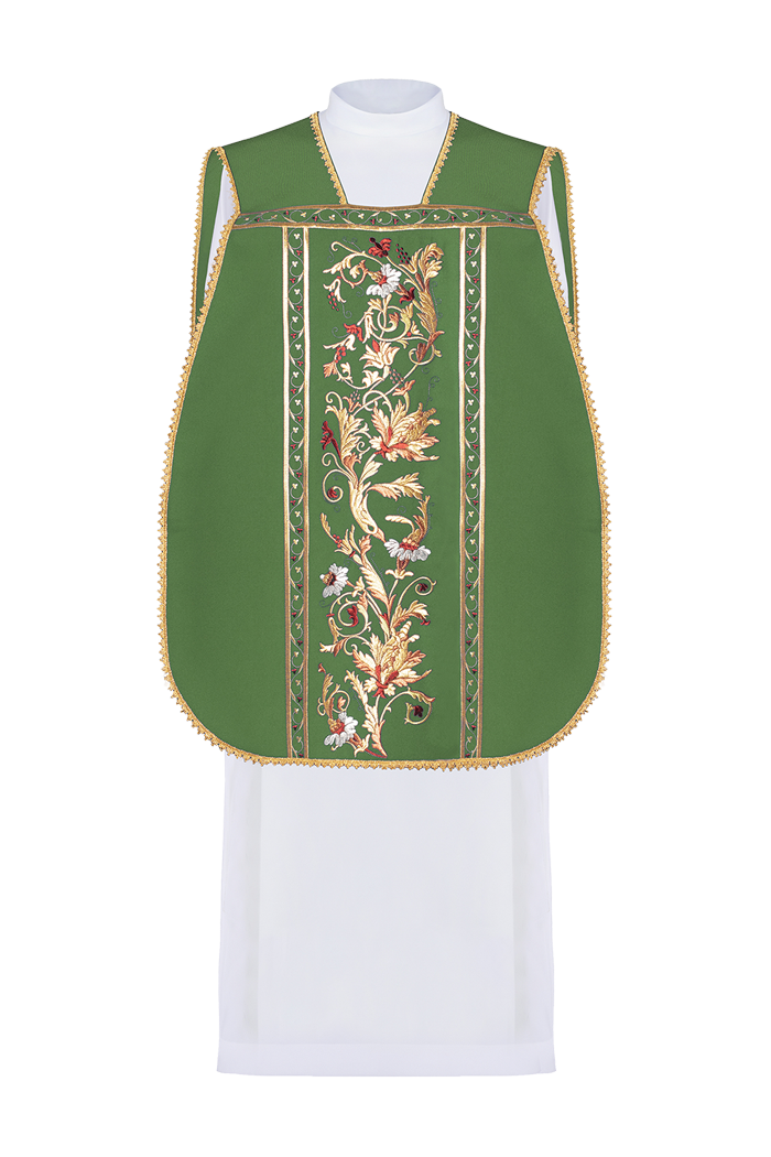 Chasuble romaine verte brodée d'un motif IHS