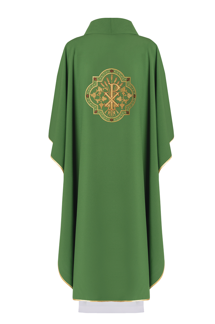 Chasuble verte avec broderie IHS et PAX