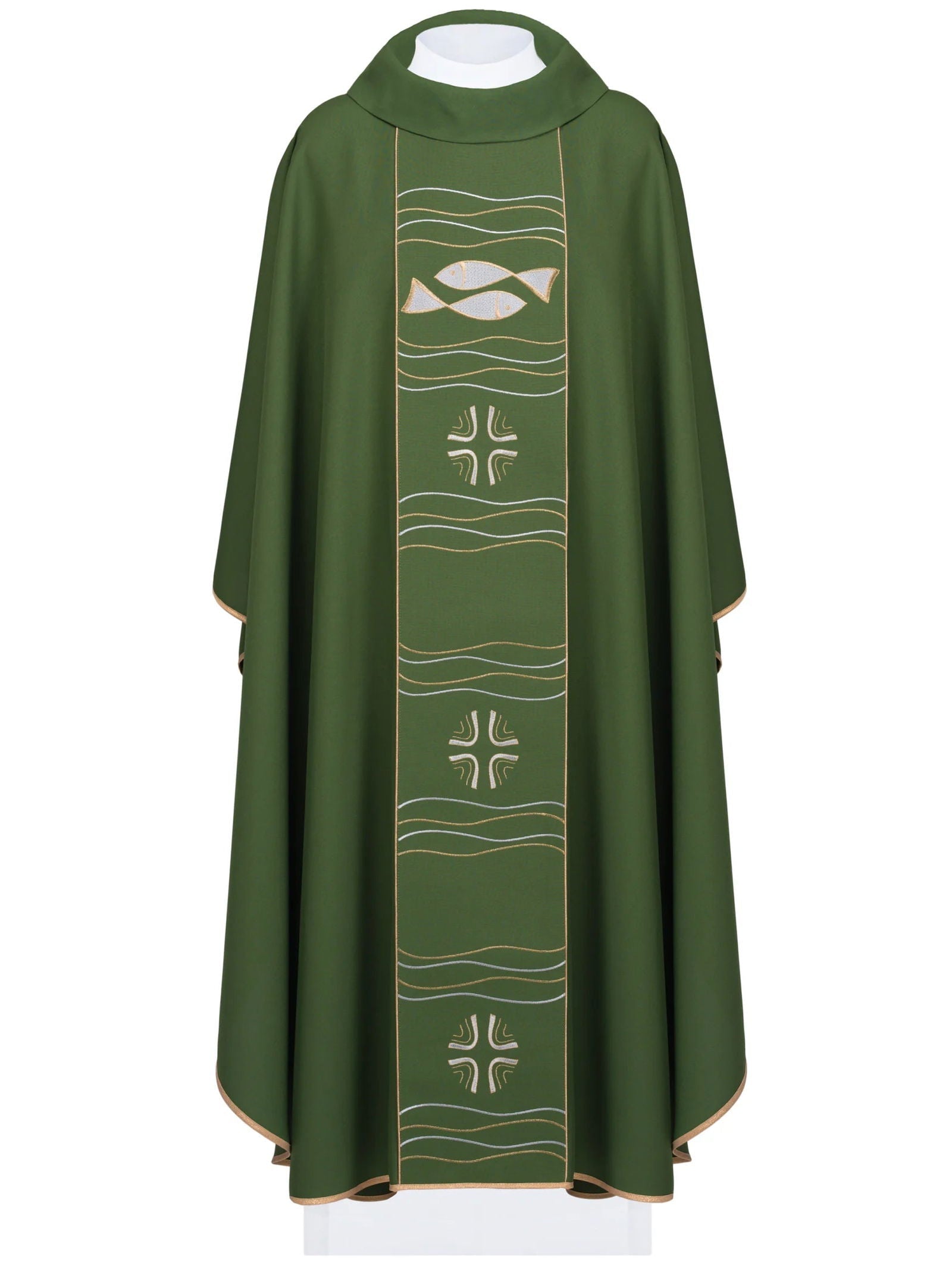 Chasuble verte avec broderie de la croix et du poisson