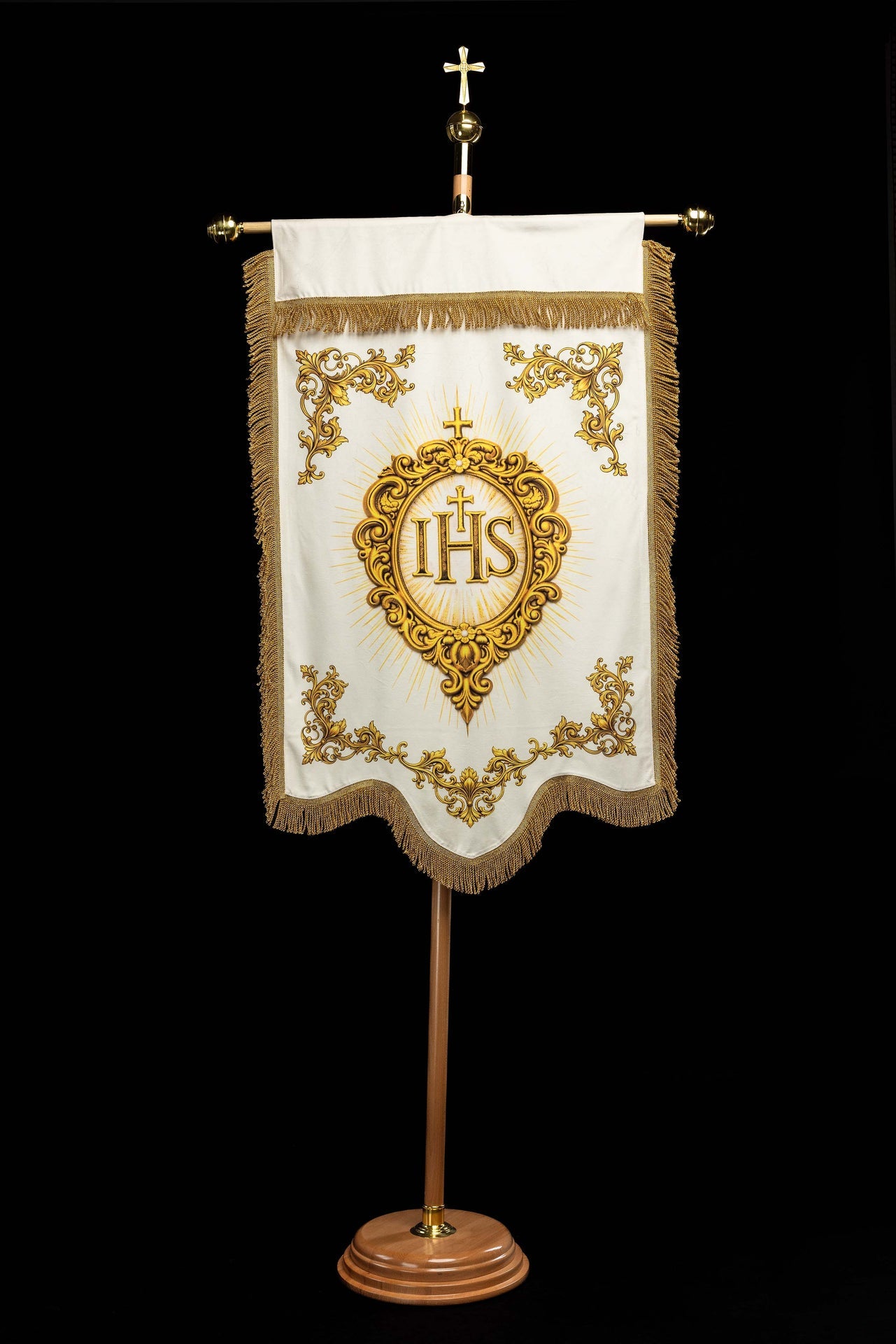 Bannière liturgique imprimée recto verso avec le Sacré-Cœur de Jésus et le christogramme IHS