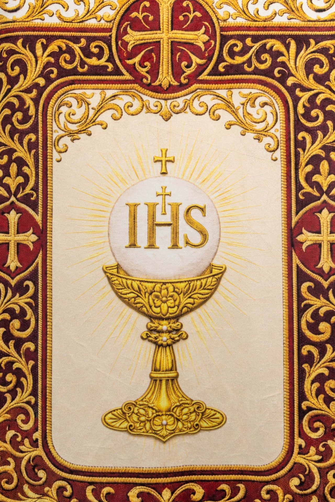 Bannière liturgique imprimée recto verso avec le Sacré-Cœur de Jésus et le calice IHS