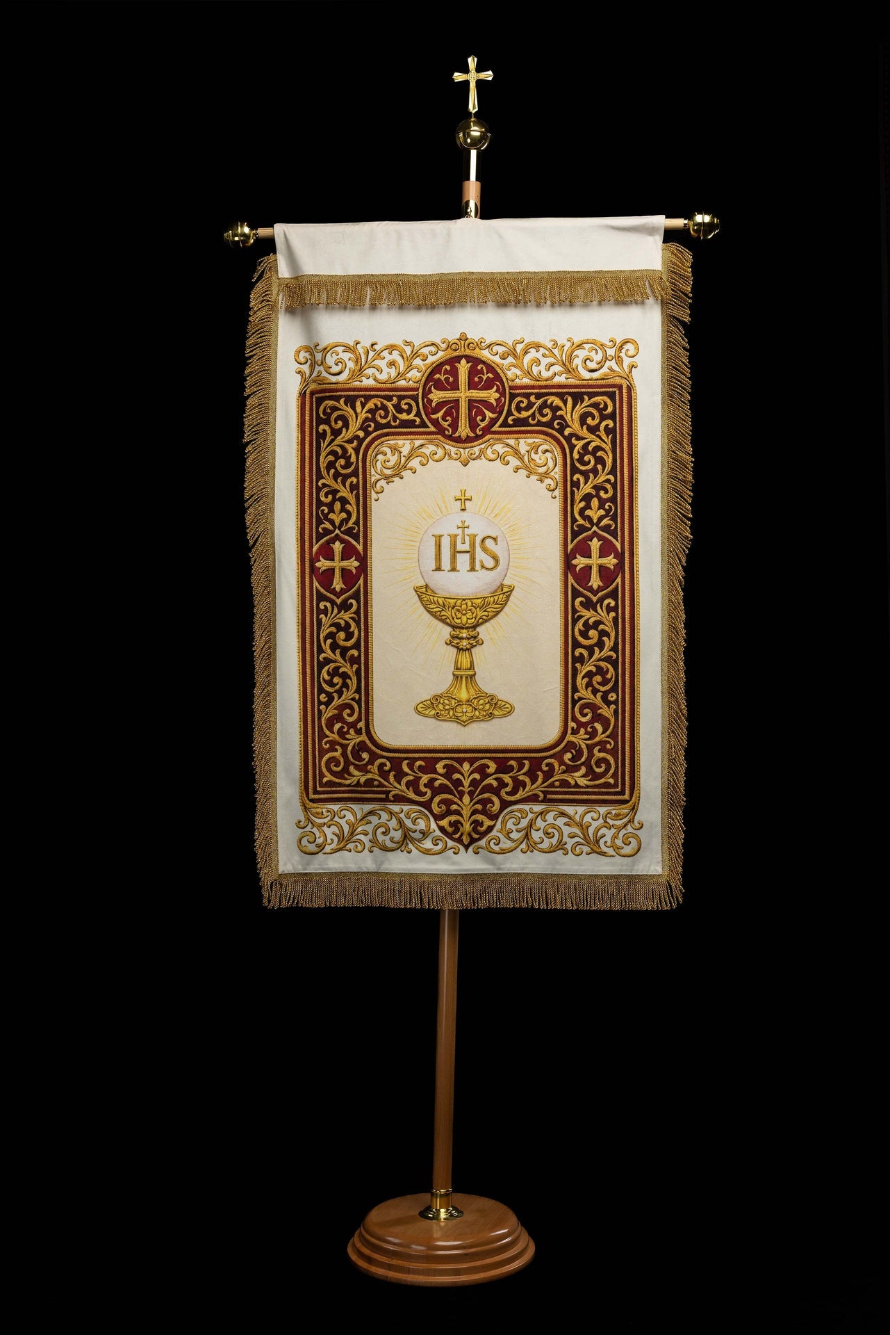 Bannière liturgique imprimée recto verso avec le Sacré-Cœur de Jésus et le calice IHS