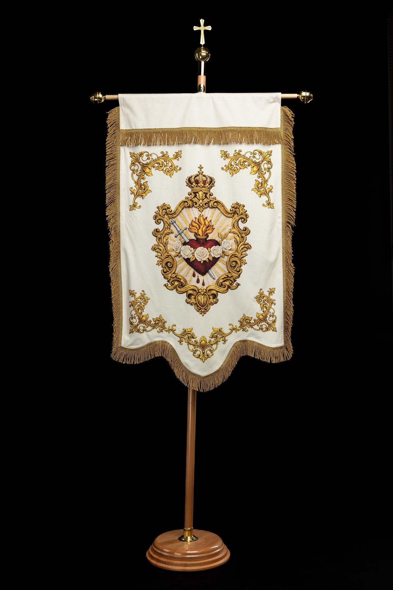Bannière liturgique mariale imprimée recto verso avec le symbole du Cœur et le monogramme marial