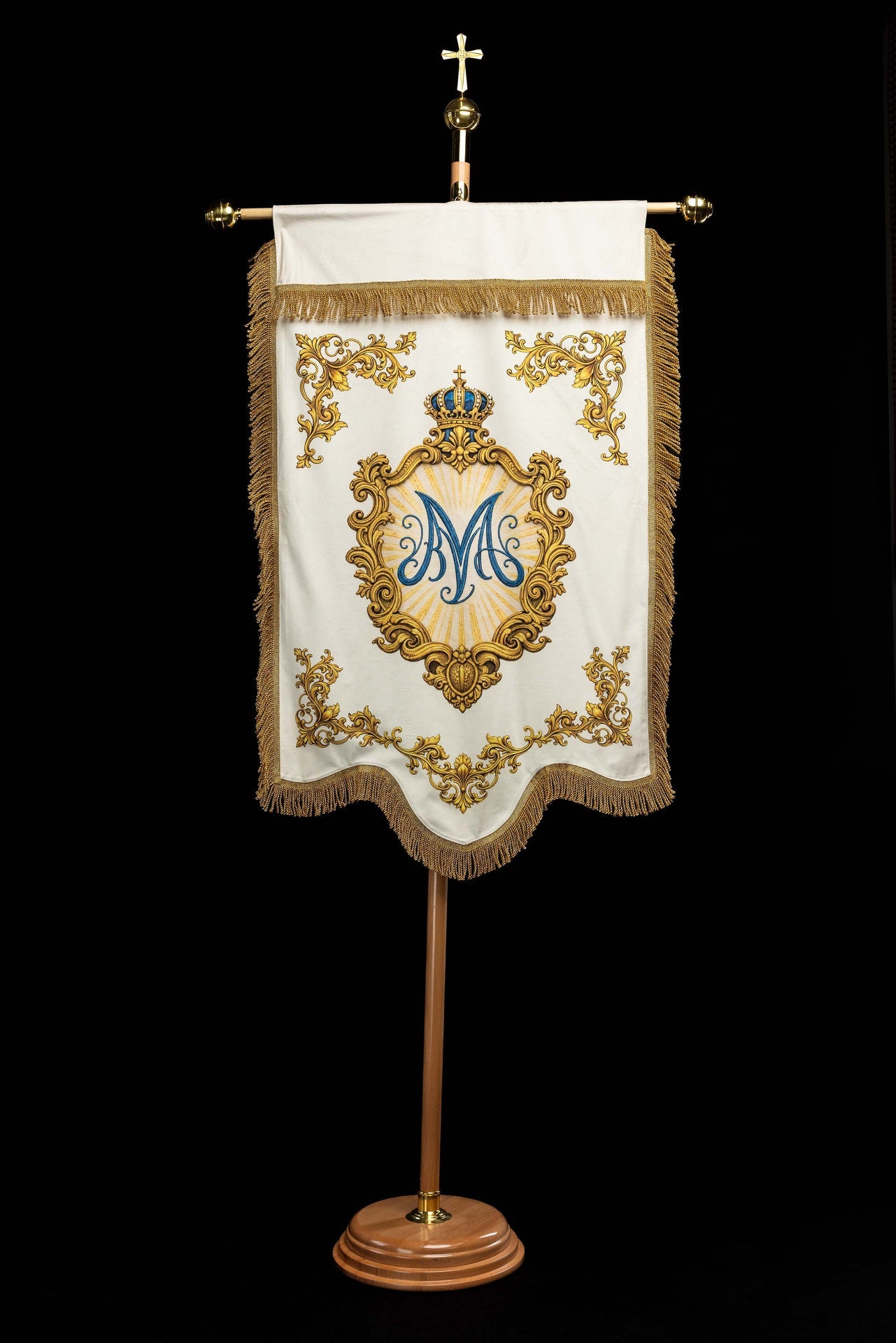 Bannière liturgique mariale imprimée recto verso avec le symbole du Cœur et le monogramme marial