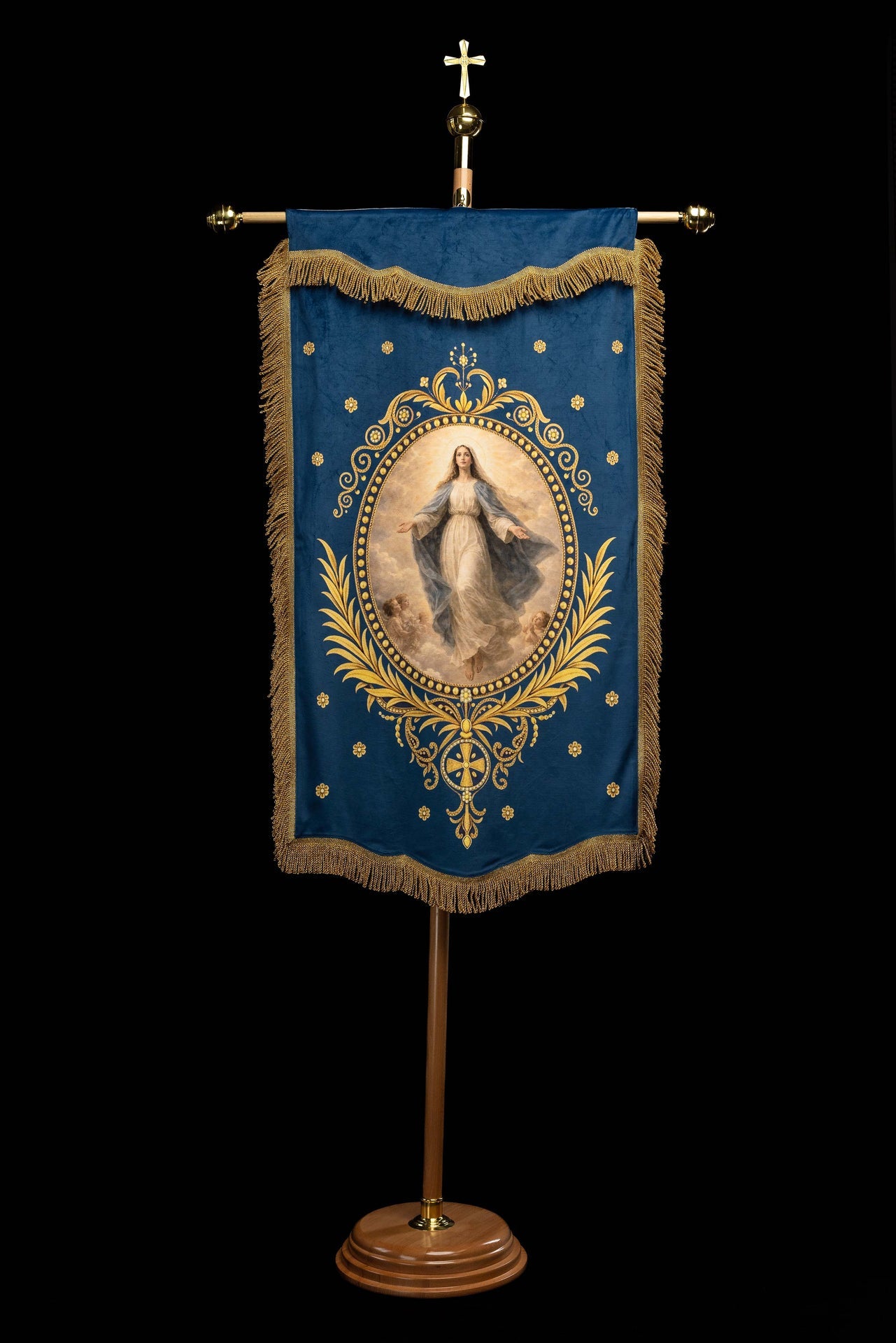 Bannière liturgique imprimée recto verso avec Notre-Dame de l’Assomption et le monogramme marial
