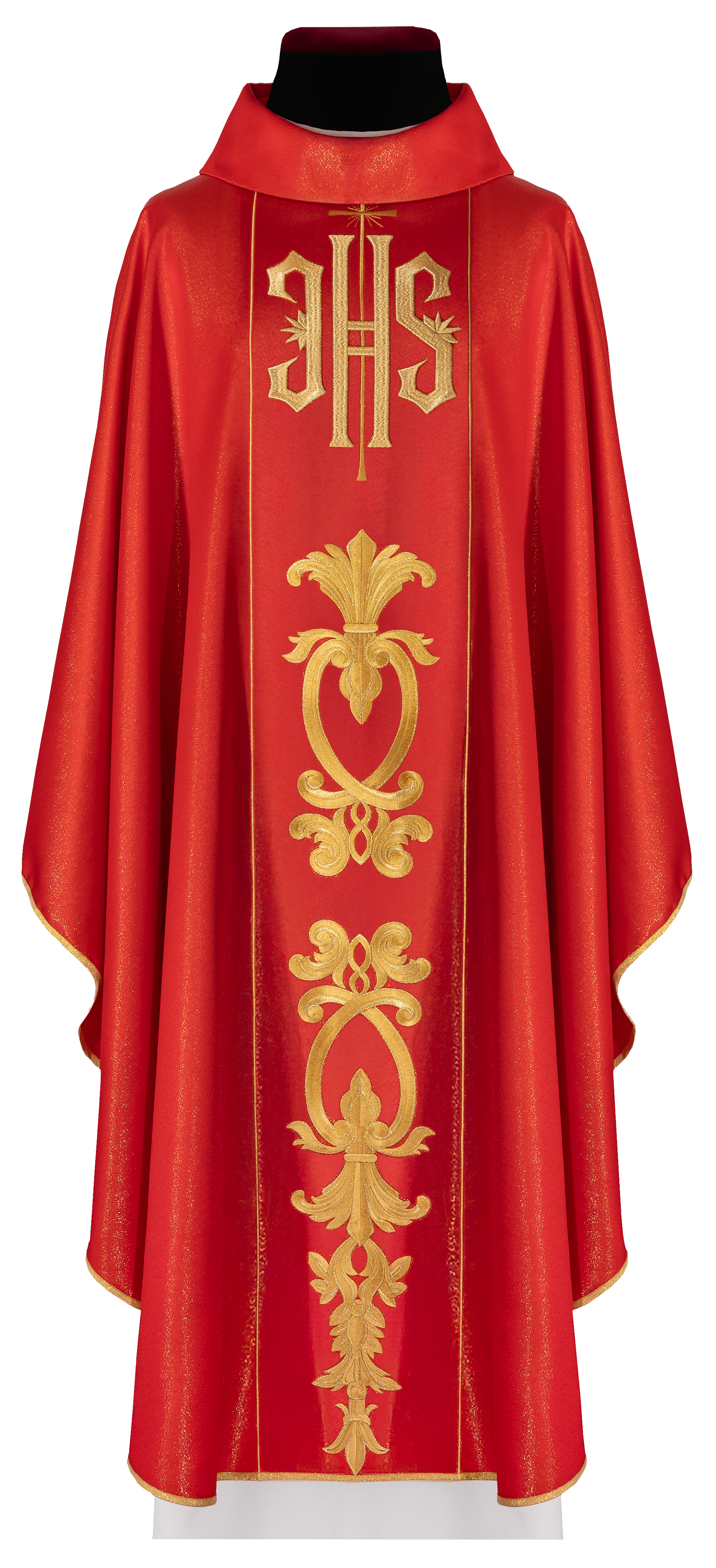 Chasuble rouge richement décorée avec motif doré et large bande brodée IHS