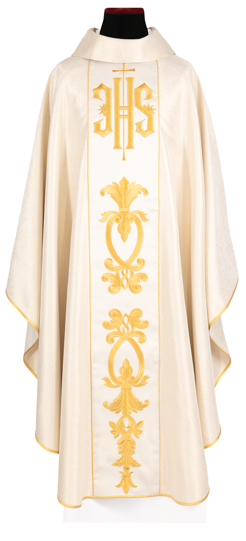 Chasuble richement décoré en or avec motif doré et large bande IHS