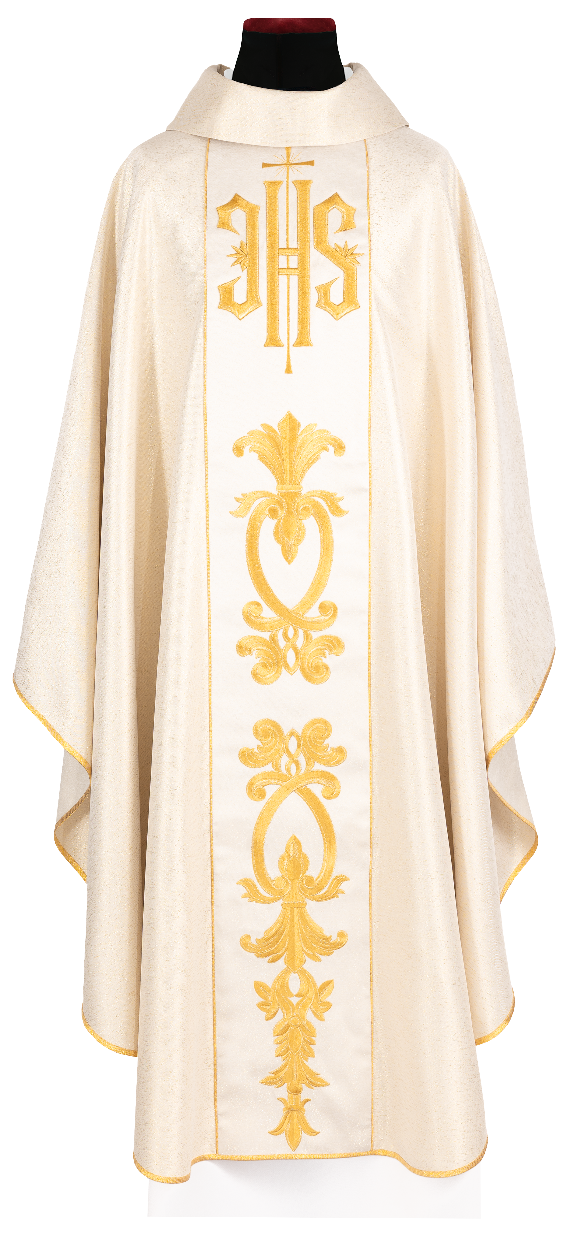 Chasuble richement décoré en or avec motif doré et large bande IHS