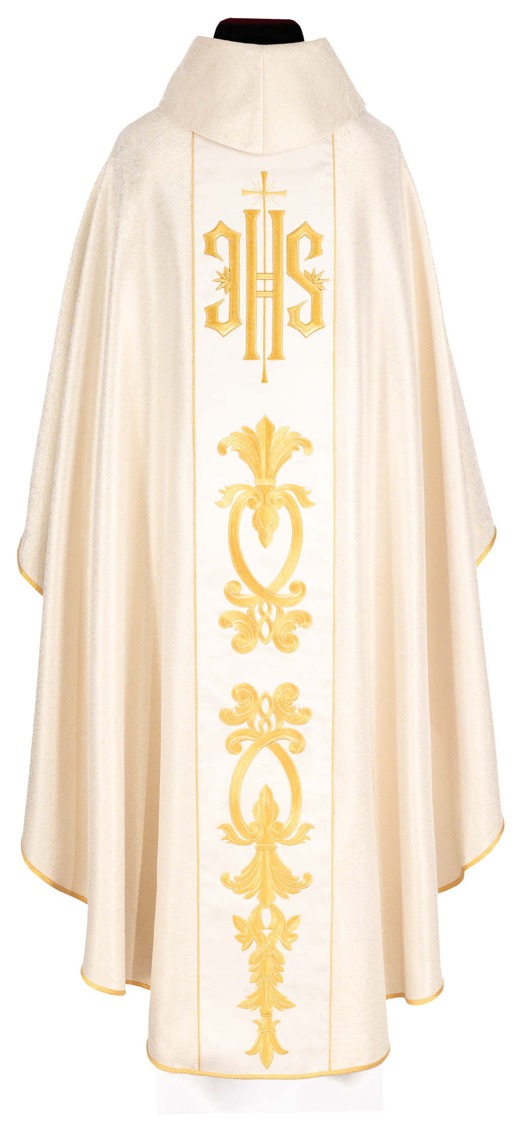 Chasuble richement décoré en or avec motif doré et large bande IHS