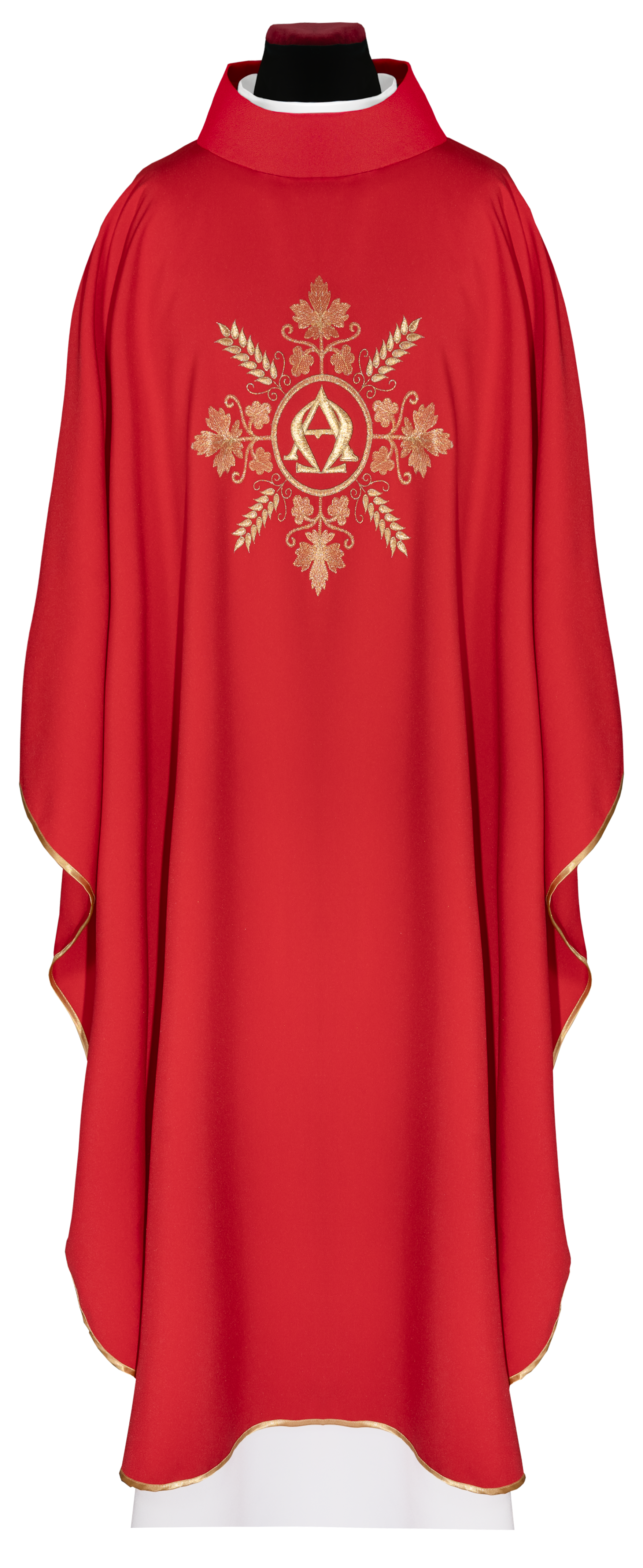 Chasuble rouge brodé avec motif Alpha et Oméga et épis de blé