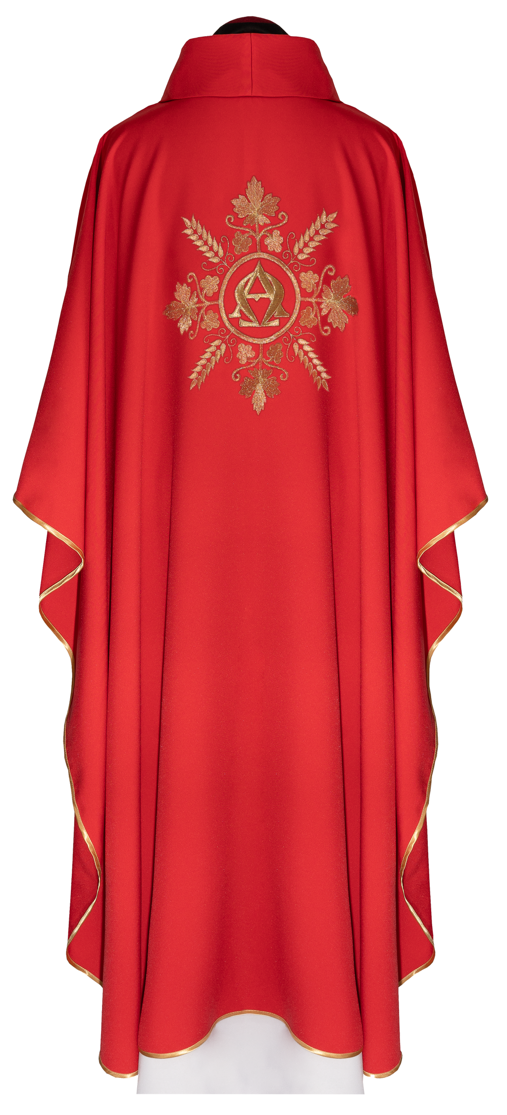 Chasuble rouge brodé avec motif Alpha et Oméga et épis de blé